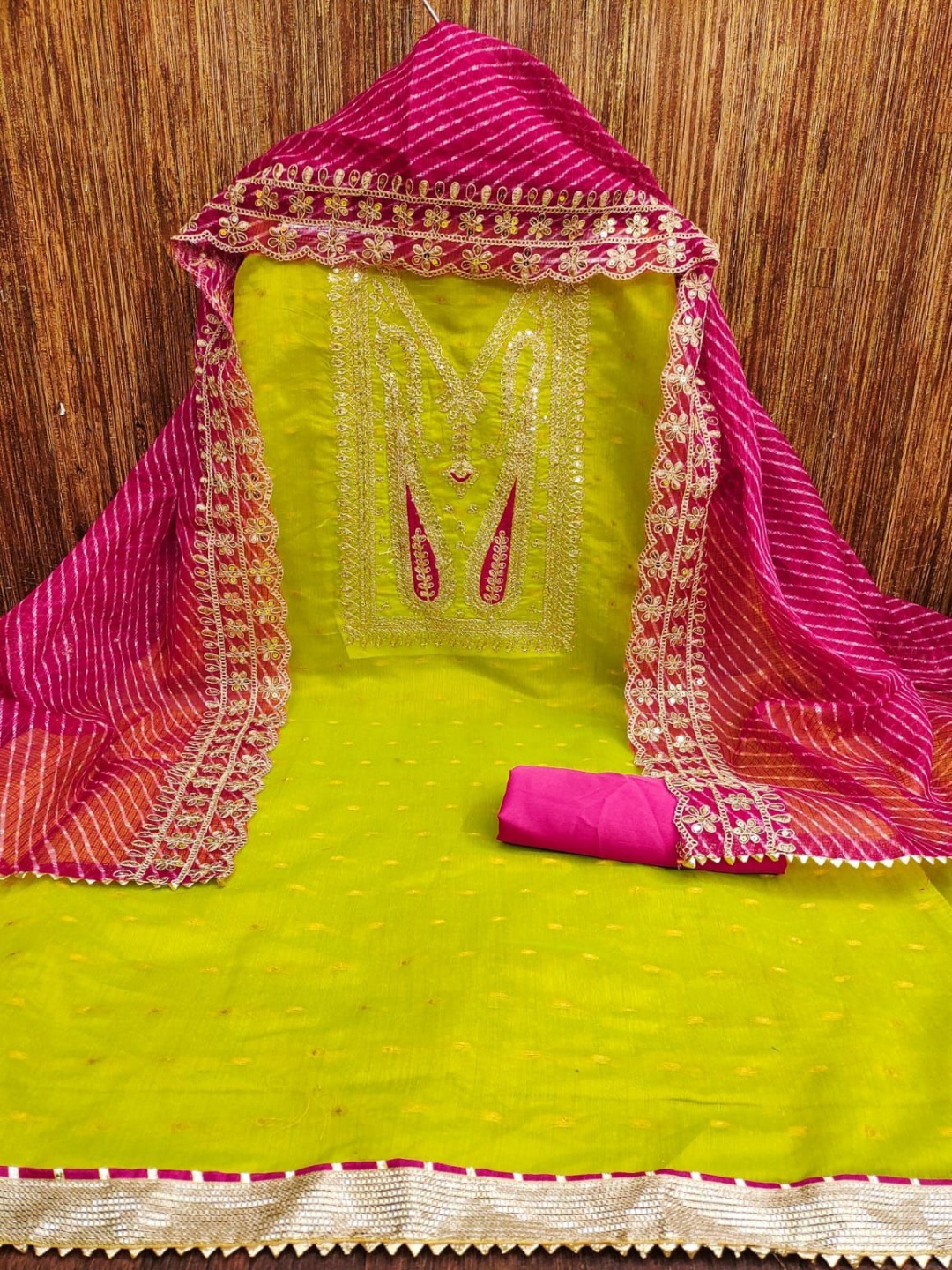 

KALINI Ethnic Motifs Woven Design Thread Work Chanderi Silk Unstitched Dress Material, Green