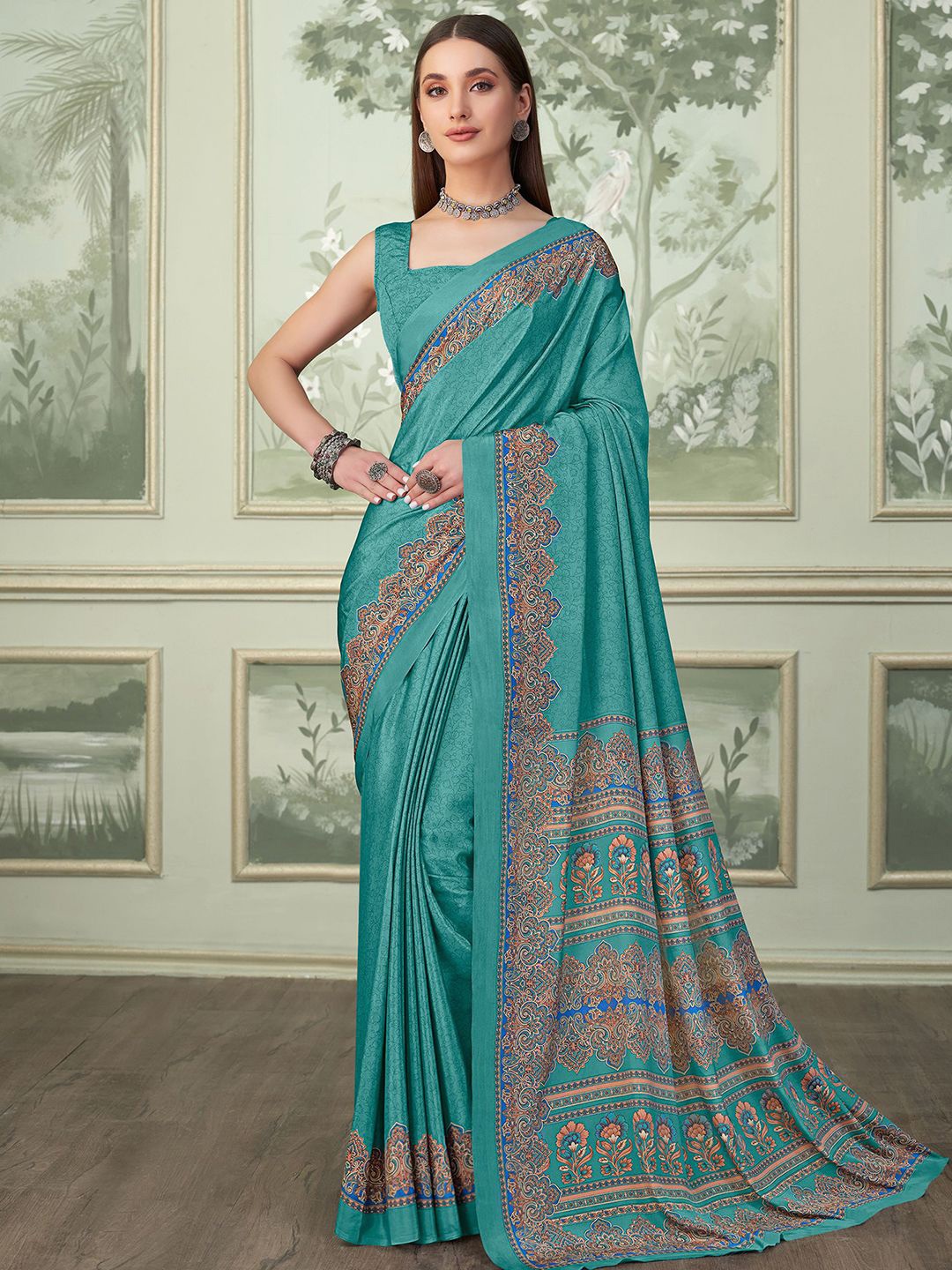 

Mitera Floral Pure Crepe Saree, Blue