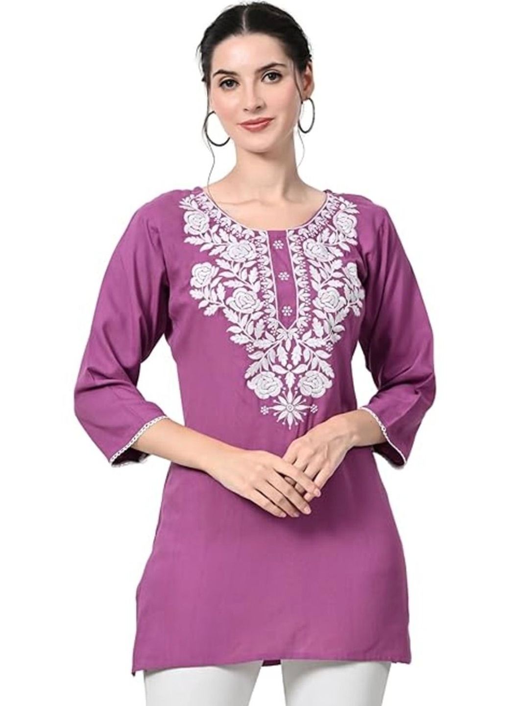 

LIBOZA Floral Embroidered Chikankari Kurti, Lavender