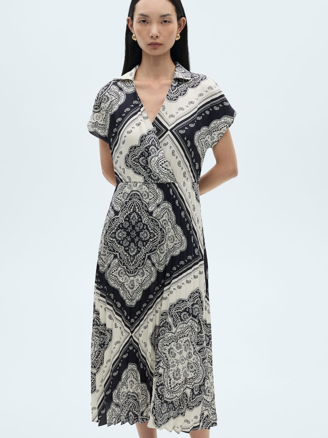 

MANGO Ethnic Motifs Print Wrap Midi Dress, Black
