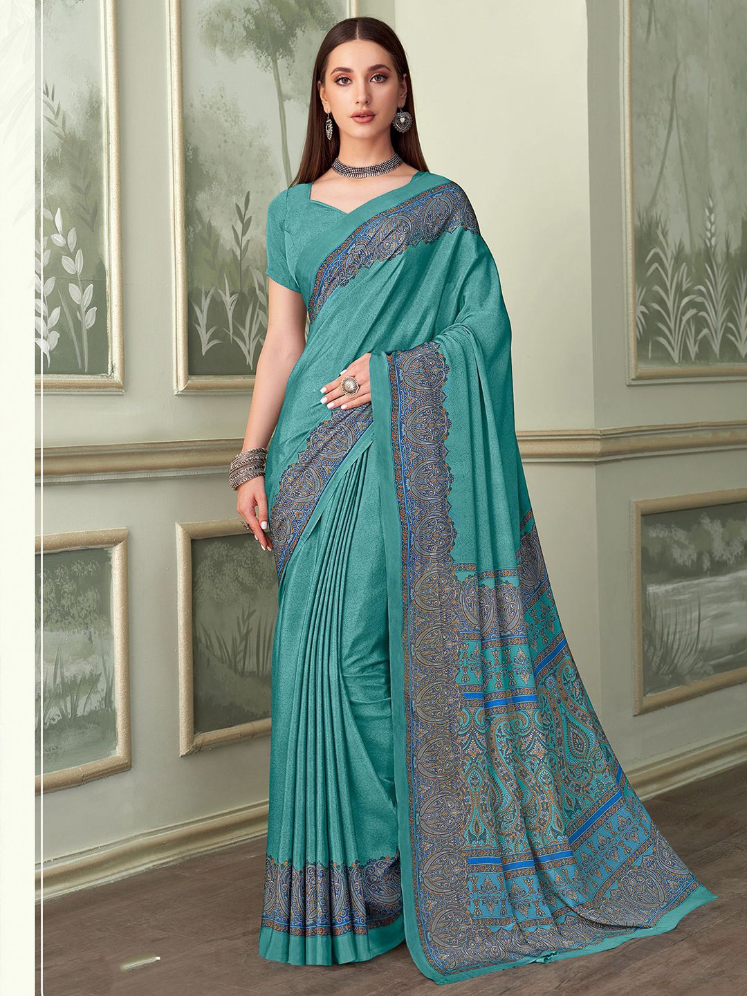 

Mitera Ethnic Motifs Printed Pure Crepe Saree, Green