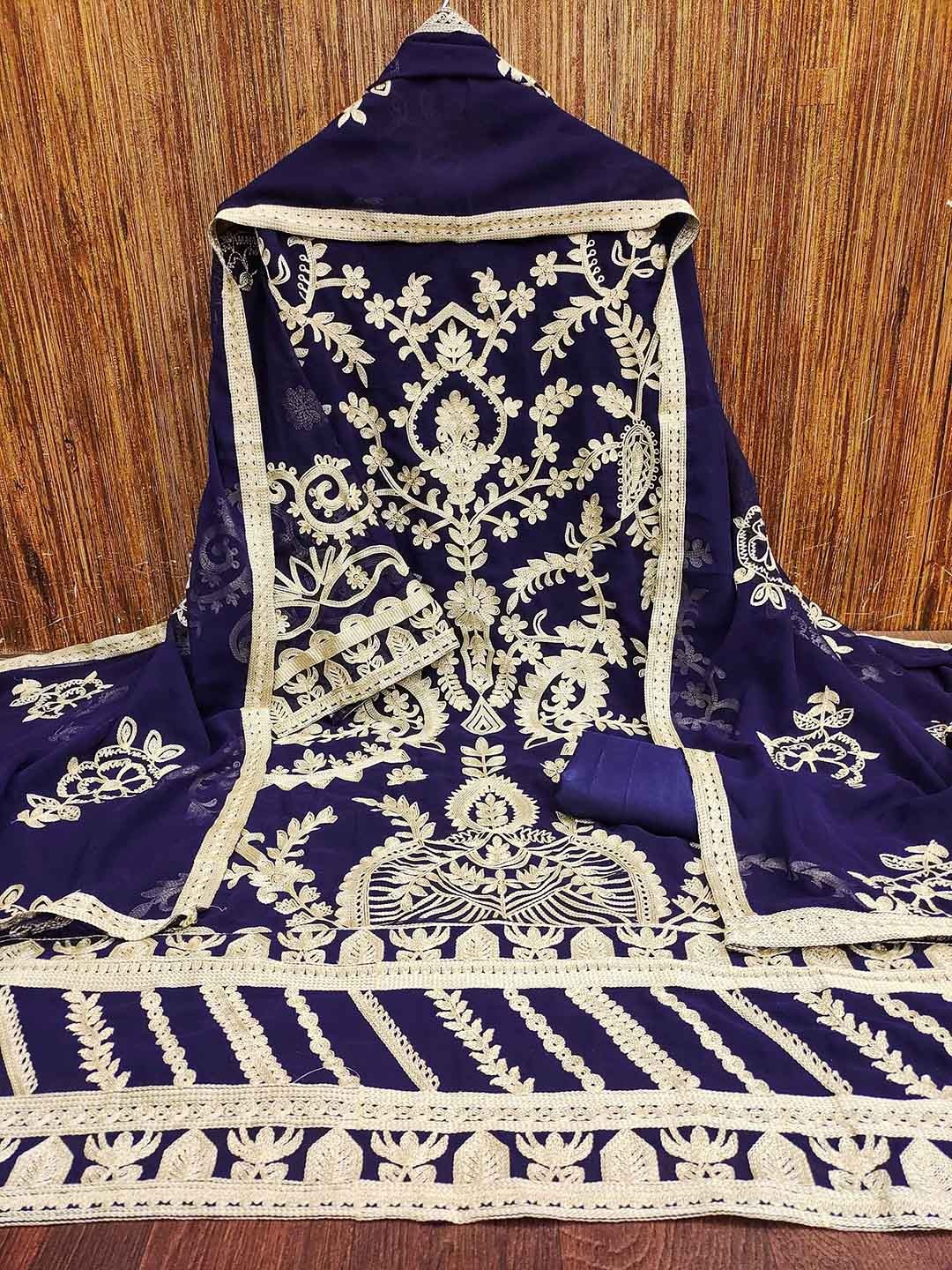 

KALINI Floral Embroidered Silk Georgette Unstitched Dress Material, Navy blue