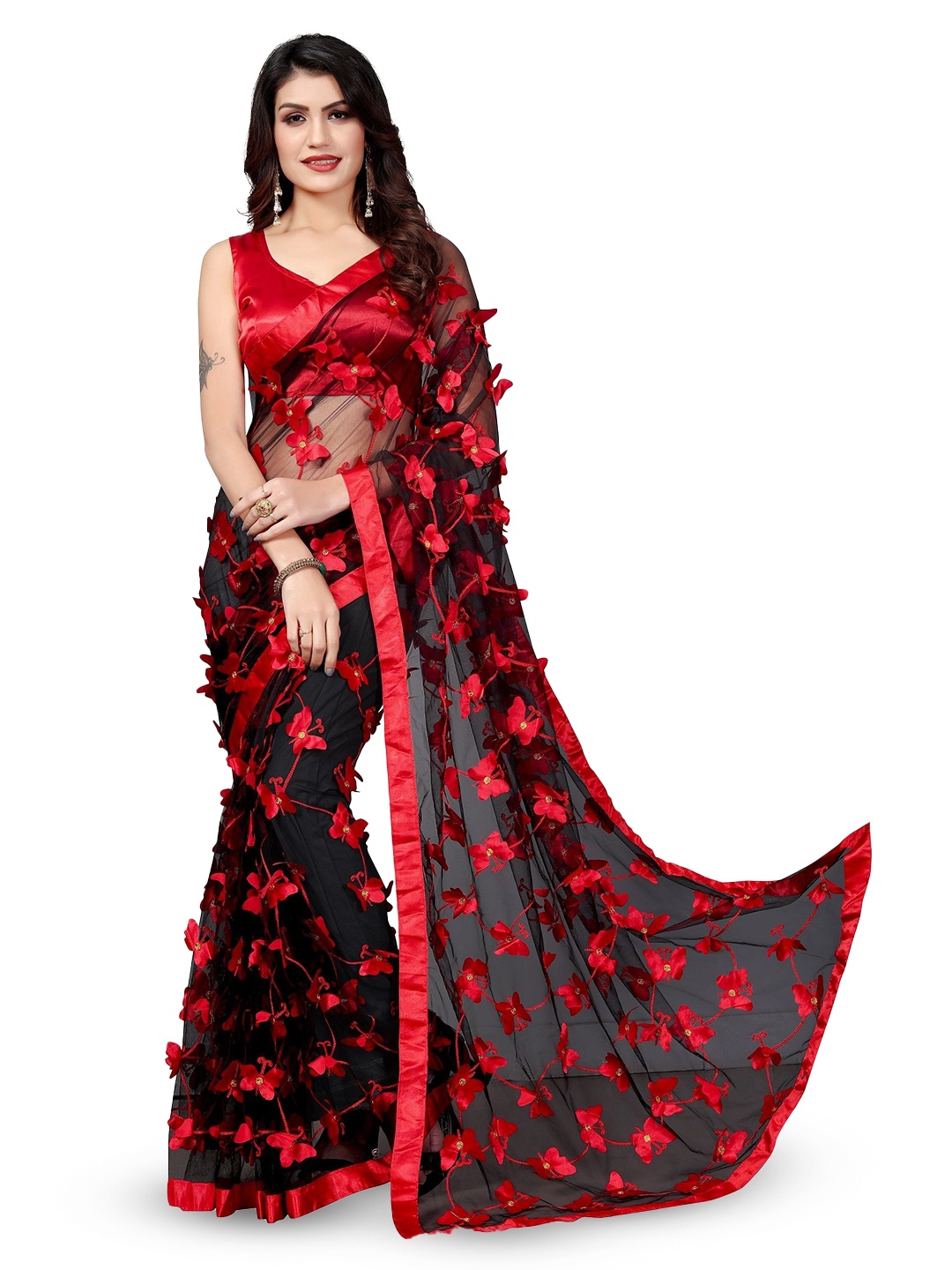 

A TO Z CART Embellished Beads and Stones Net Saree, Black