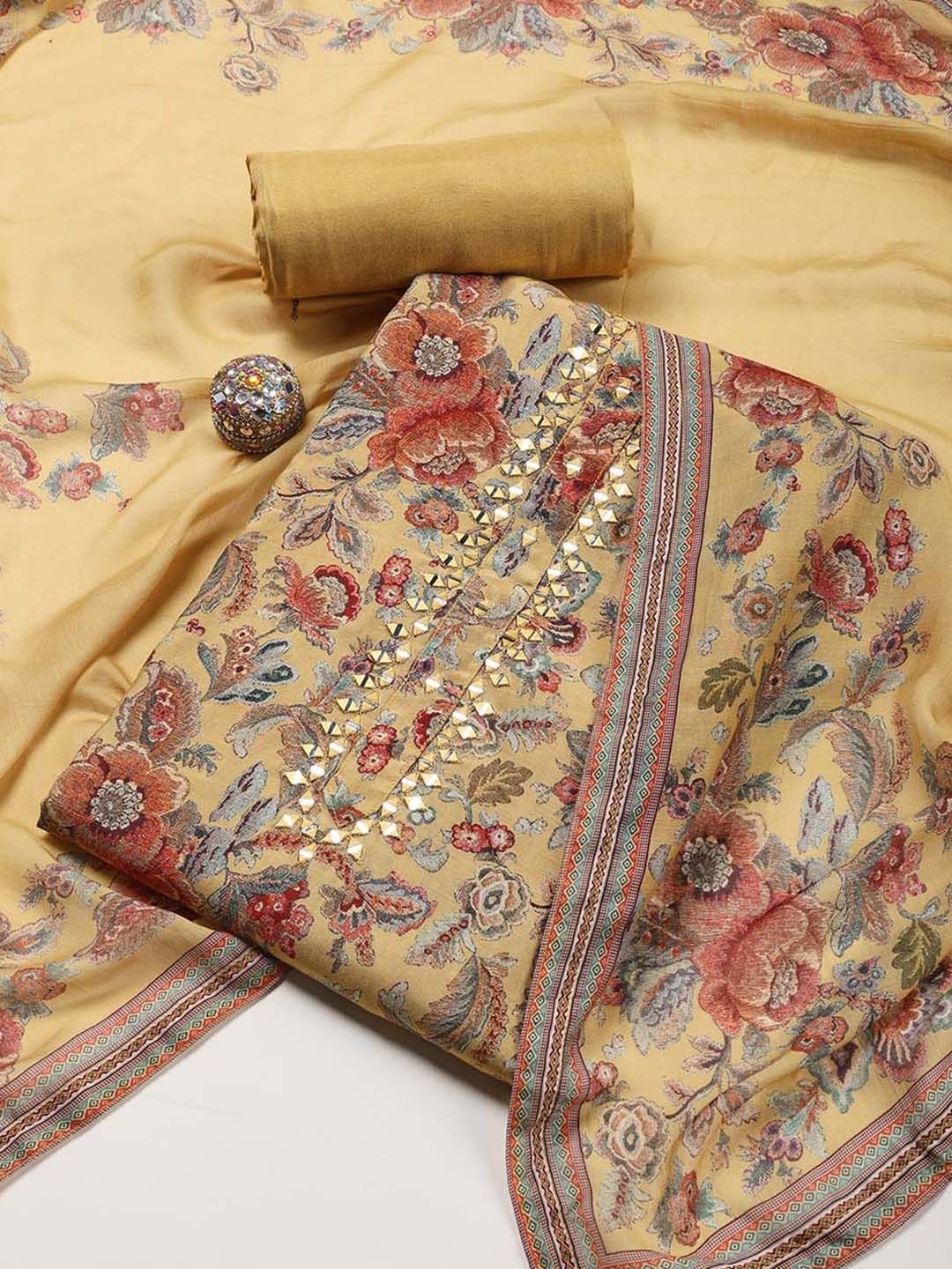 

Meena Bazaar Printed Art Silk Unstitched Dress Material, Mustard