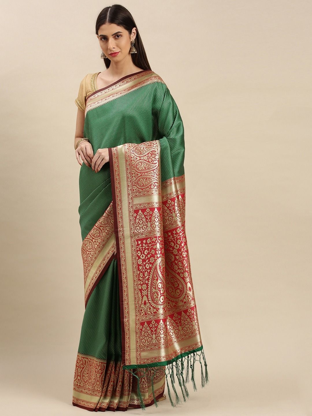 

flaher Woven Design Banarasi Saree, Green