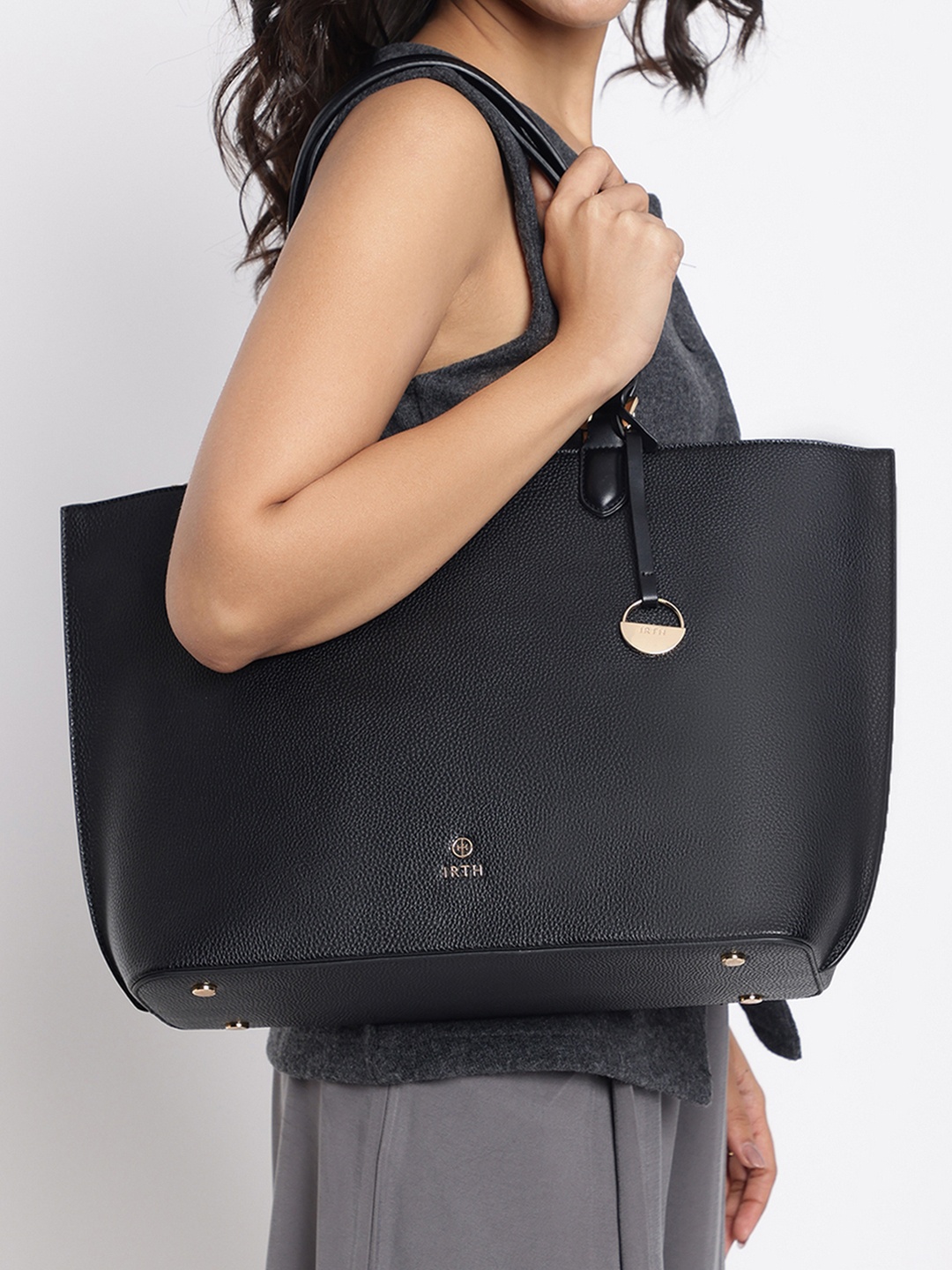 

IRTH Textured Structured Shoulder Bag With Tassel, Black