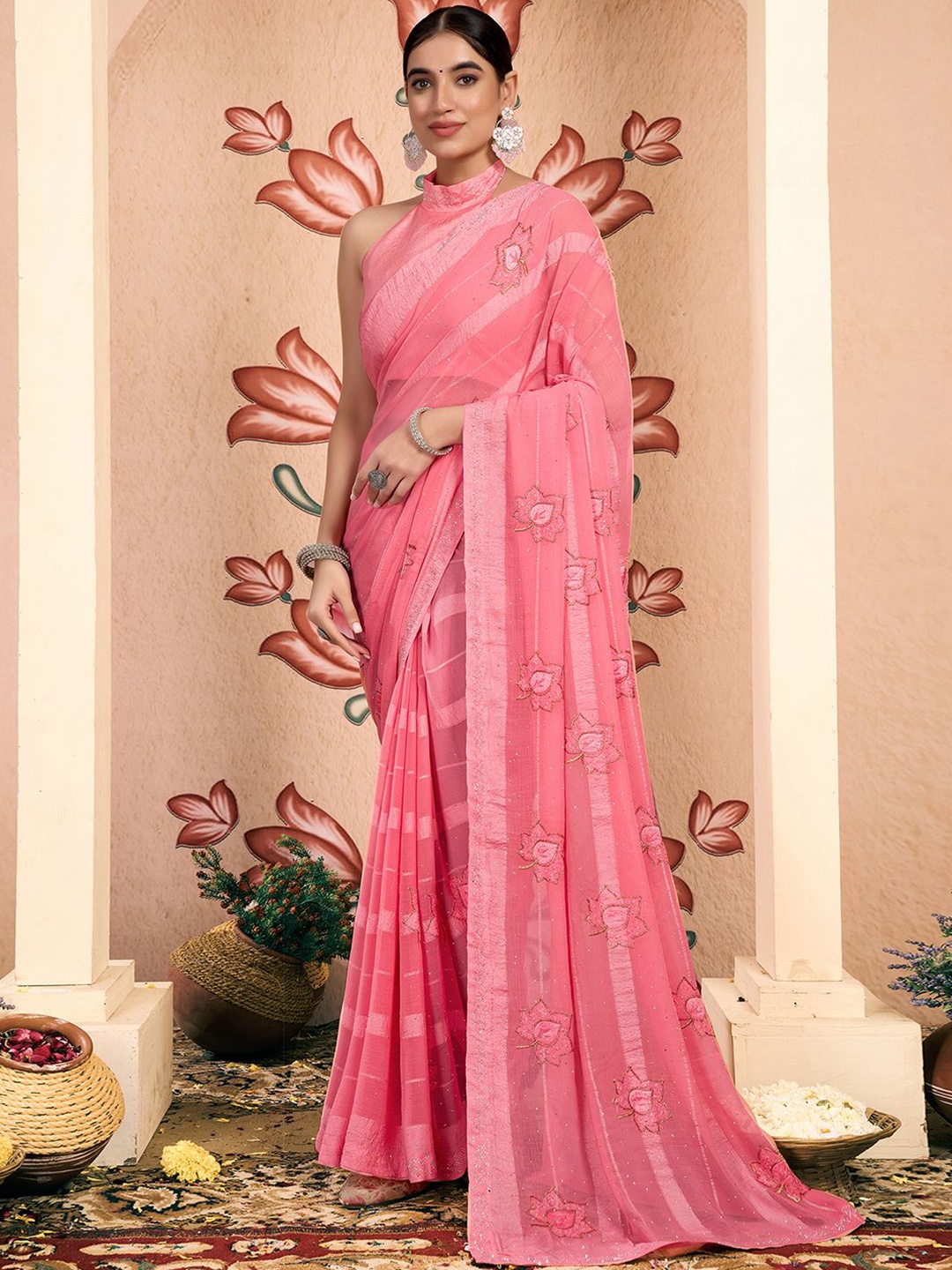 

Mitera Embellished Pure Chiffon Saree, Pink