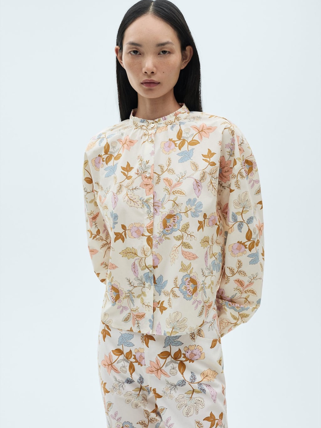 

MANGO Floral Printed Drop-Shoulder Sleeves Pure Cotton Casual Shirt, Off white