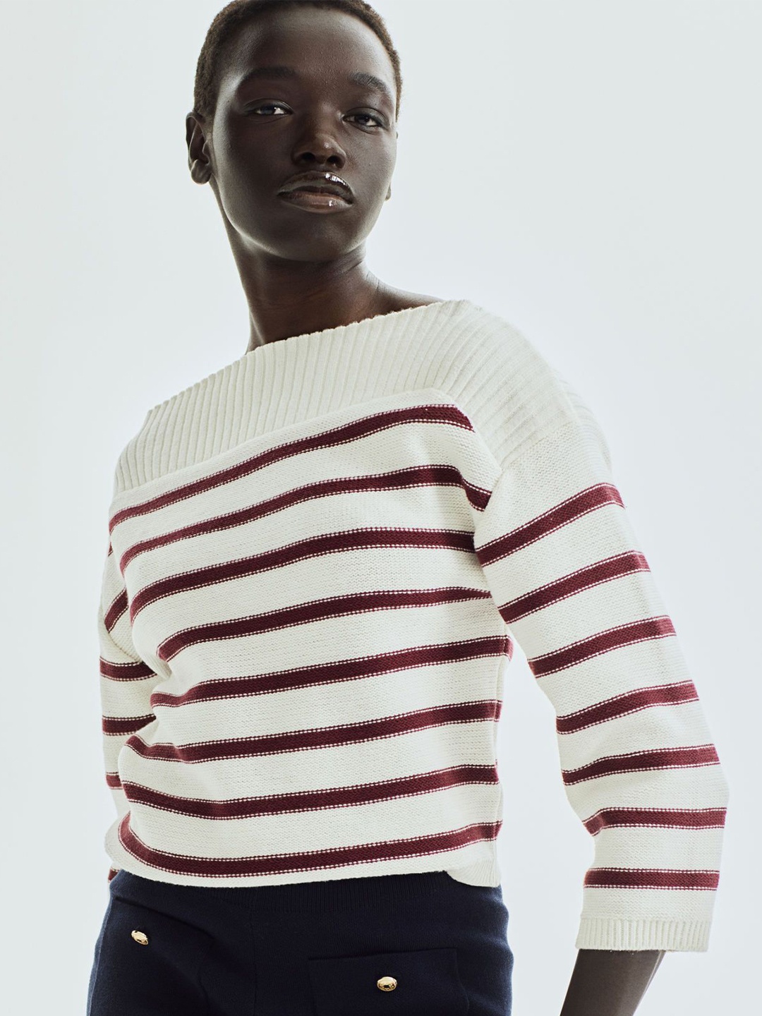

H&M Purl-Knit Boat-Neck Jumper, White