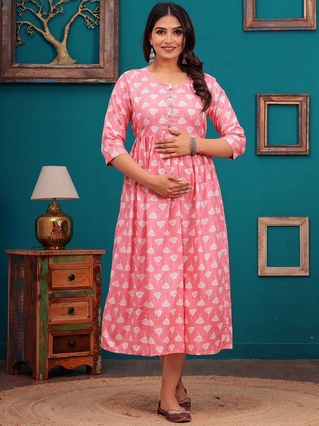 

Akshara Fashion Women Round Neck Maternity Fit and Flare Dress, Pink