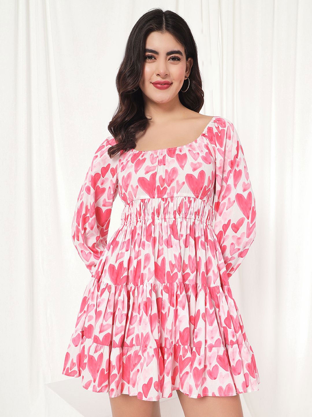 

BAESD Conversational Printed Puff Sleeve Tiered Fit & Flare Mini Dress, Pink