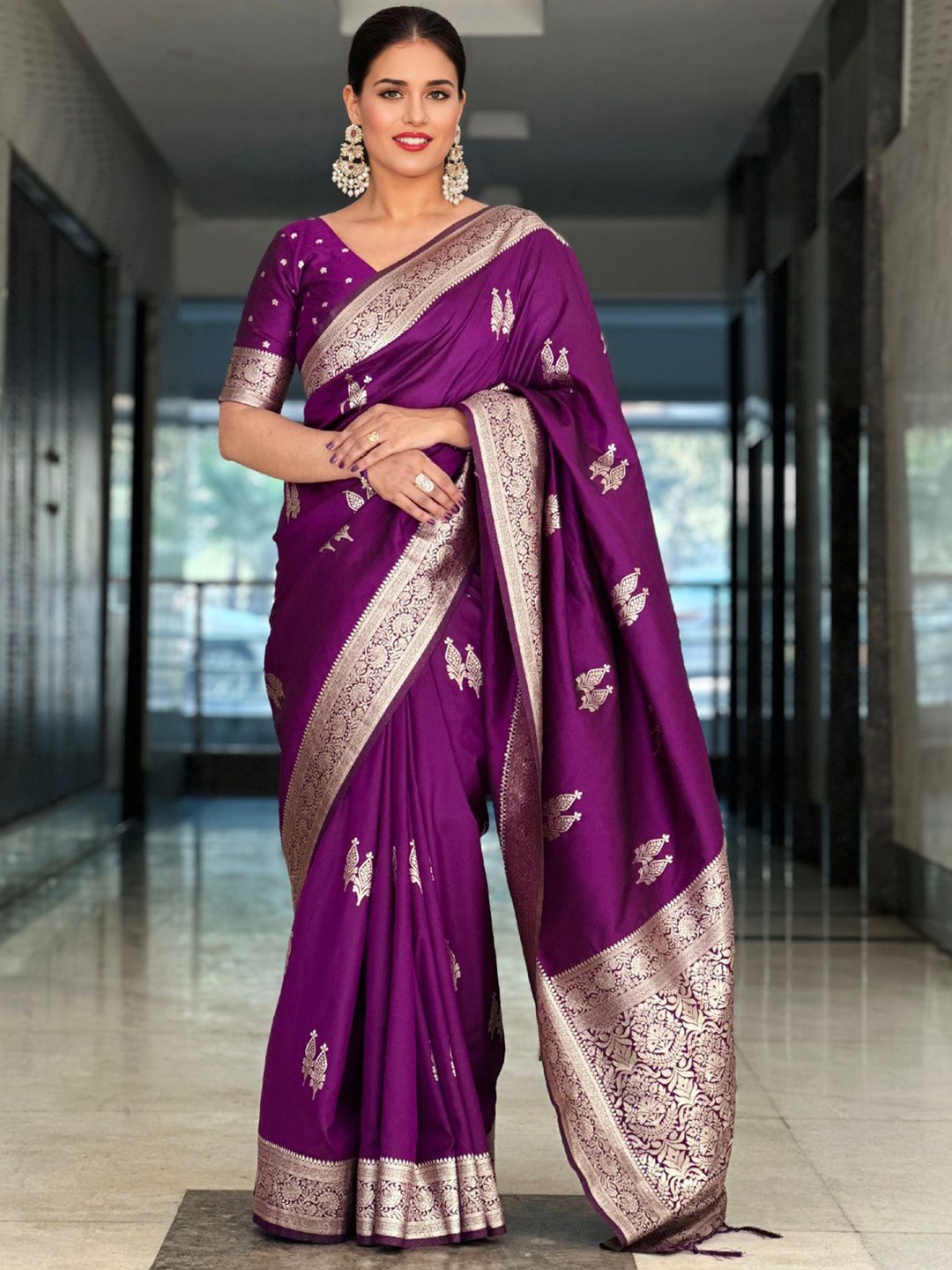

Panzora Woven Design Zari Designer Banarasi Saree, Purple