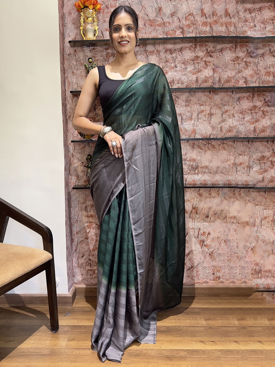 

Upalksh Striped Woven Design Zari Kota Saree, Green