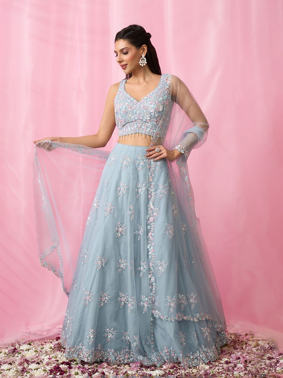 

Alaya Advani Embellished Sequinned Organza Ready to Wear Lehenga & Blouse With Dupatta, Blue