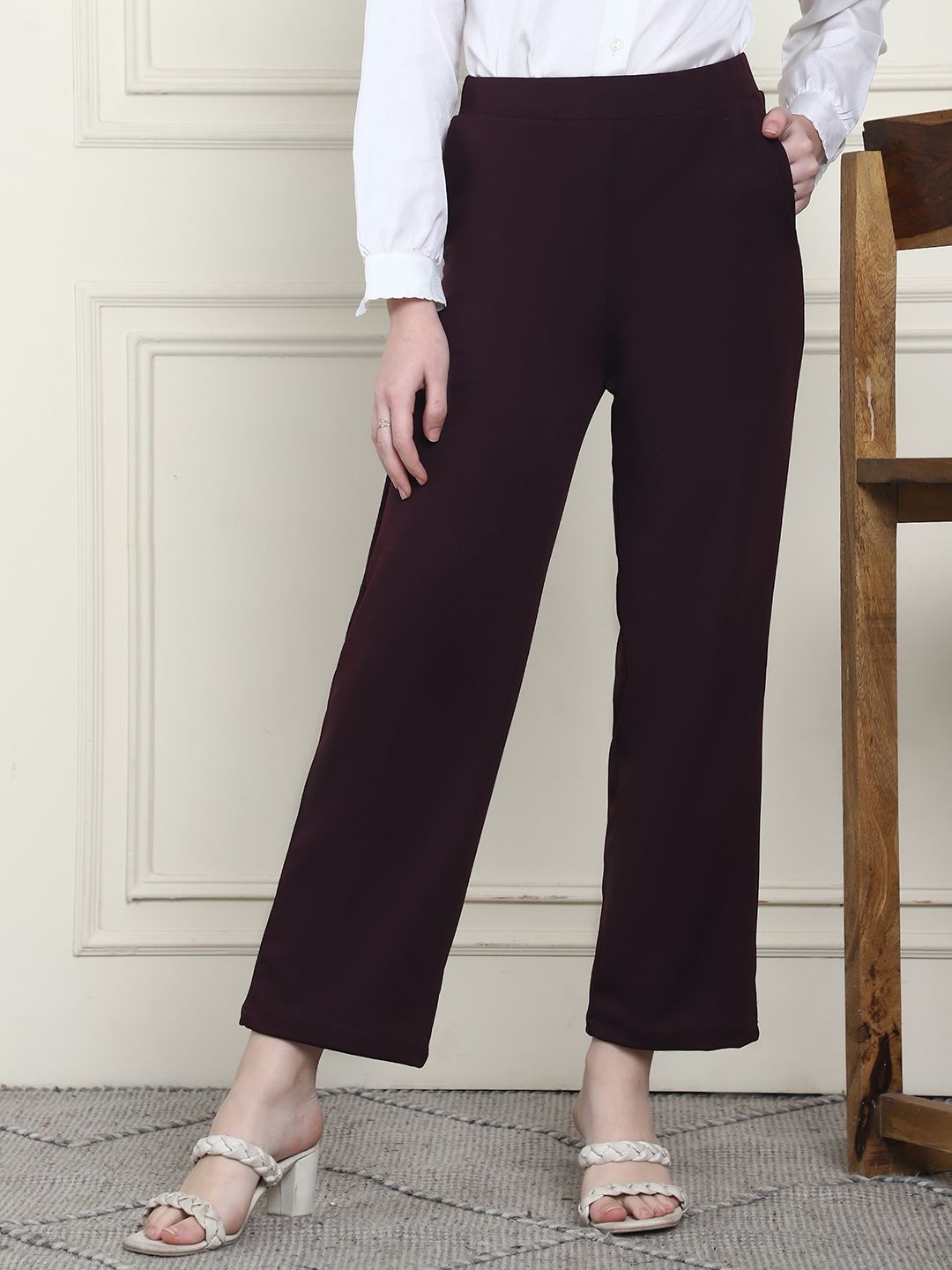 

Frempy Women Relaxed Straight Leg Straight Fit High-Rise Wide Leg Trousers, Maroon