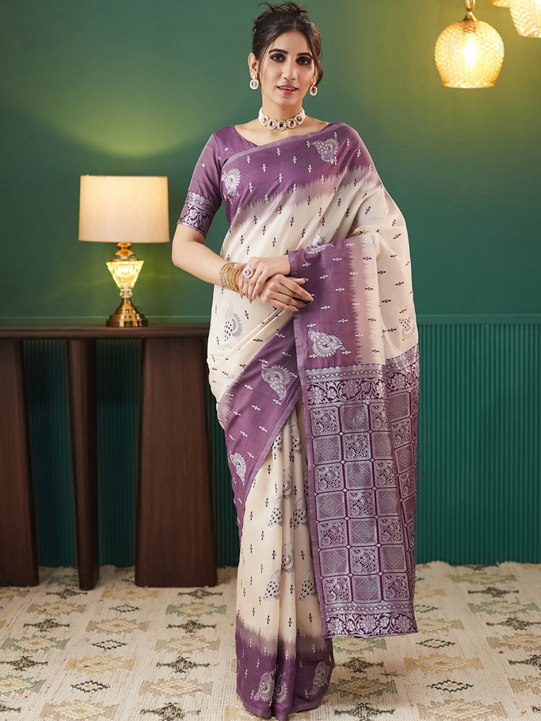 

Mitera Woven Design Zari Banarasi Saree, Cream