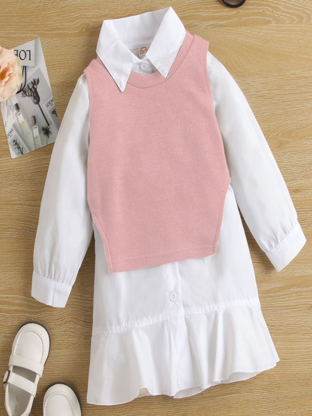 

YK Girls Shirt Collar Drop-Waist Knee Length Dress, White