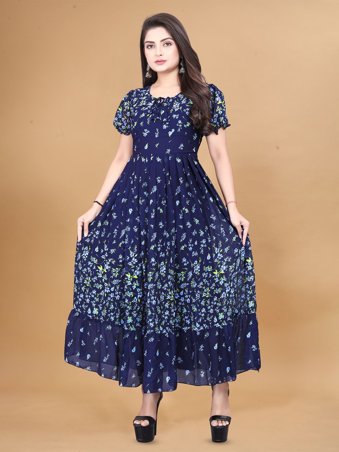 

KRISHTI CREATION Floral Print Puff Sleeve Georgette Fit & Flare Maxi Dress, Blue