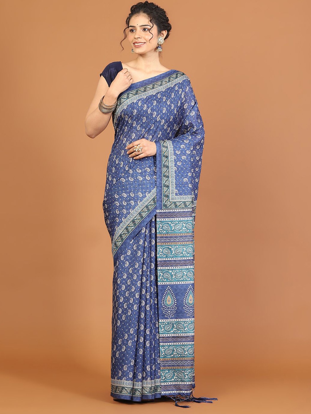 

Meena Bazaar Ethnic Motifs Art Silk Tussar Saree, Blue