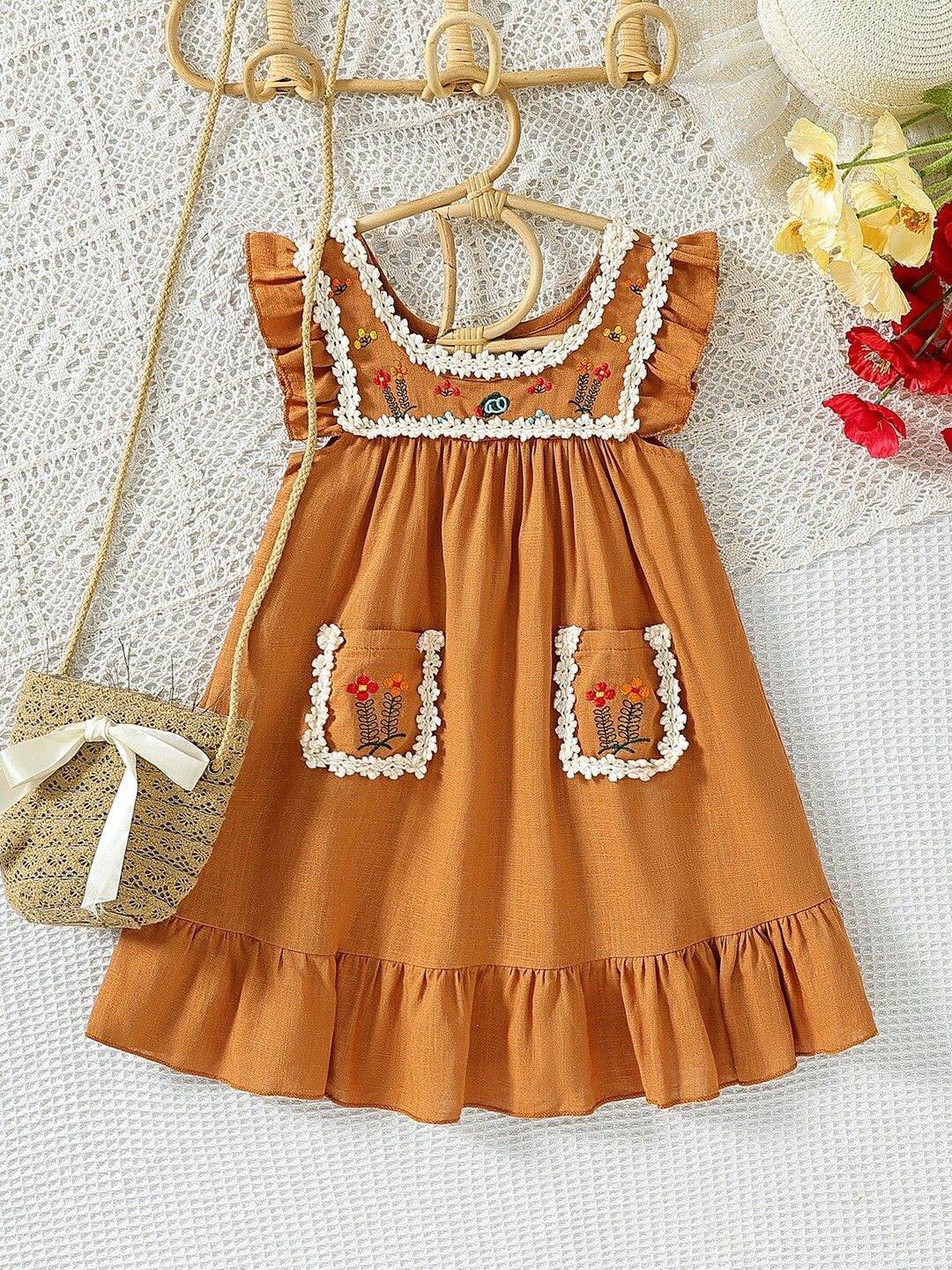 

YK Girls Floral Embroidered A-Line Dress, Brown