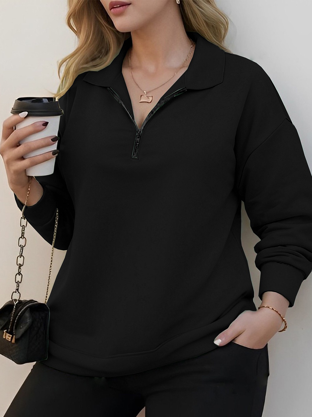 

Kushi Flyer Women Shirt Collar Sweatshirt, Black