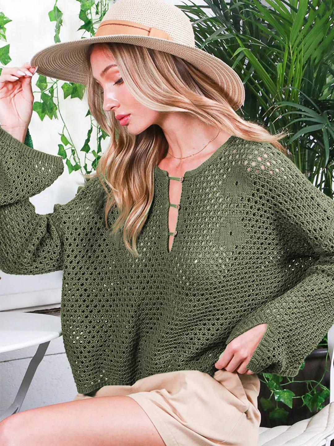 

Errabelly Women Open Knit Pullover Sweater, Green