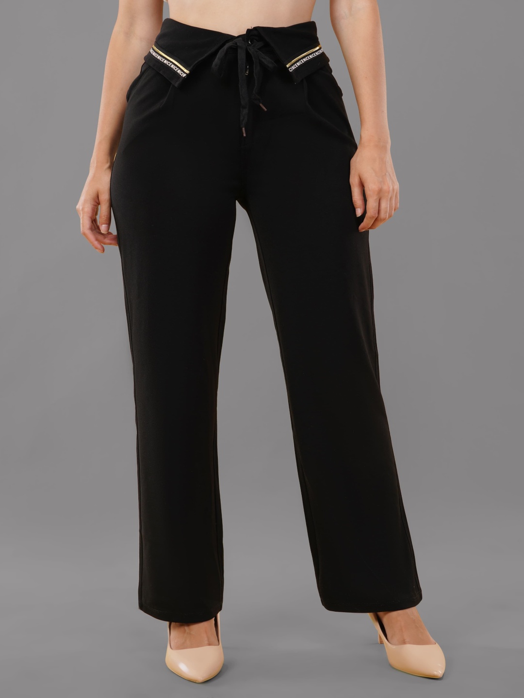 

HIGH BUY Women Collar Waist Contrast Drawstring Cotton Pant, Black