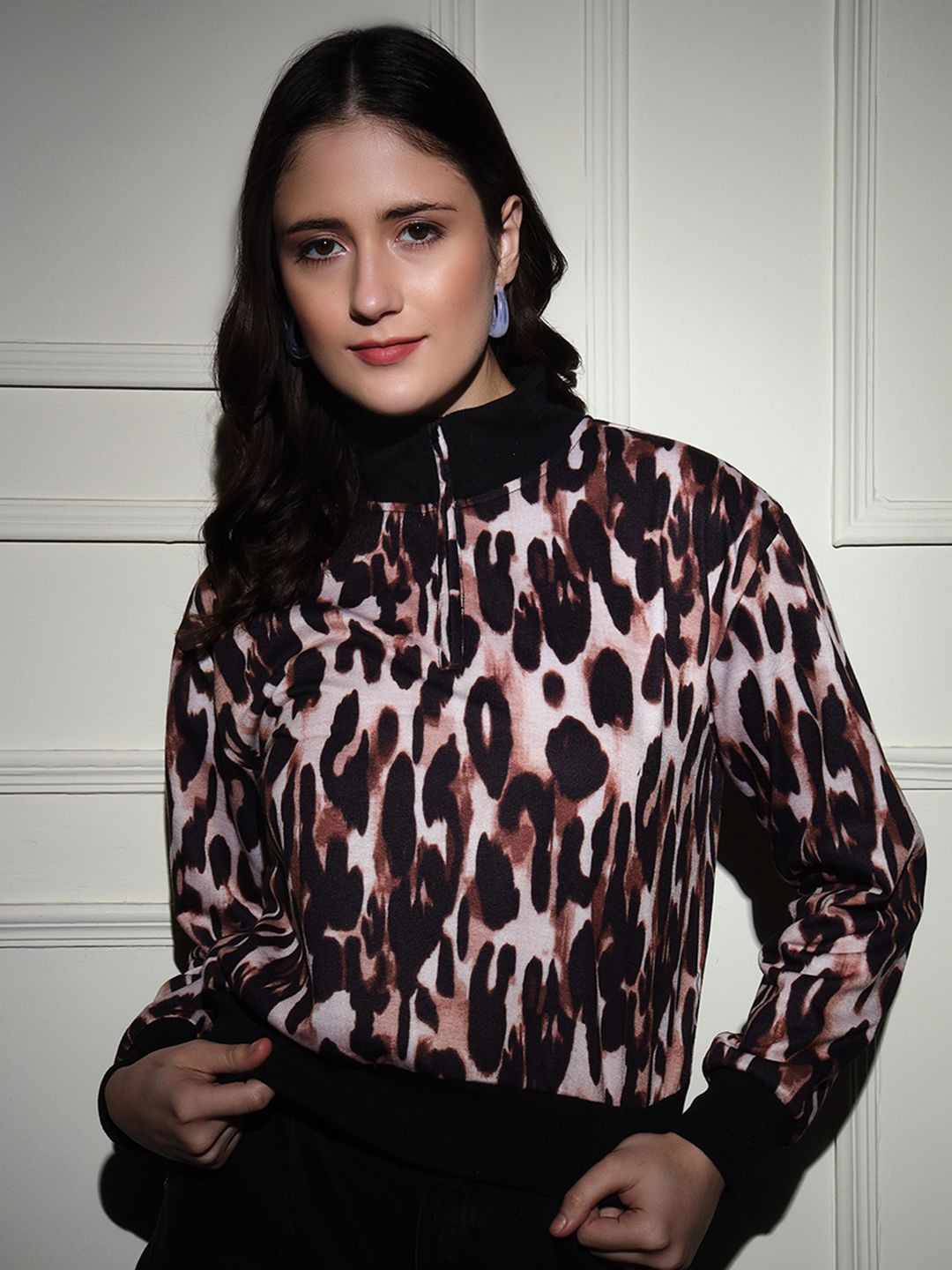 

BAESD Women Animal Printed Half Zipper High Neck Sweatshirt, Brown
