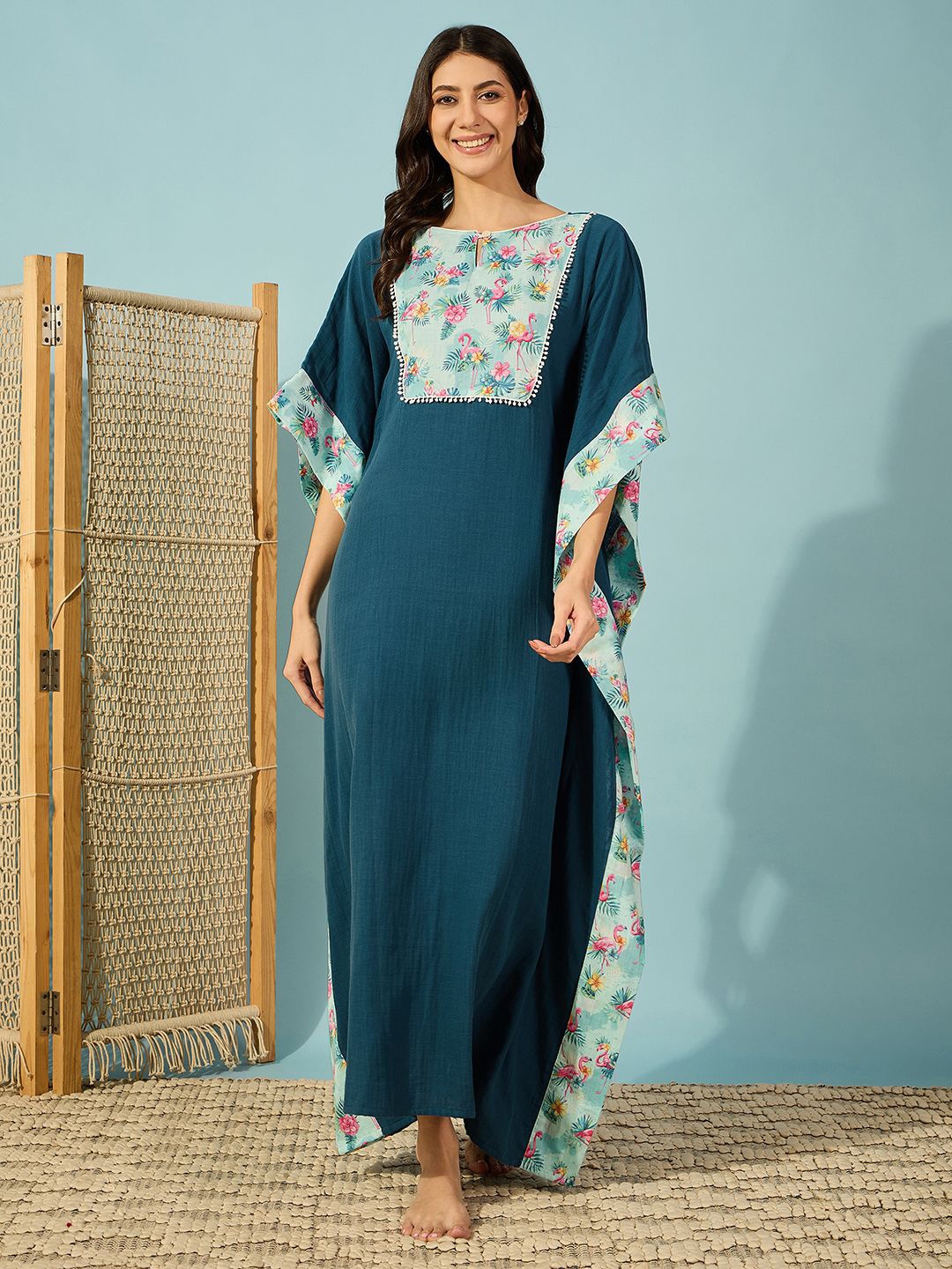 

The Kaftan Company Yoke Printed Pure Cotton Kaftan Maxi Nightdress, Teal