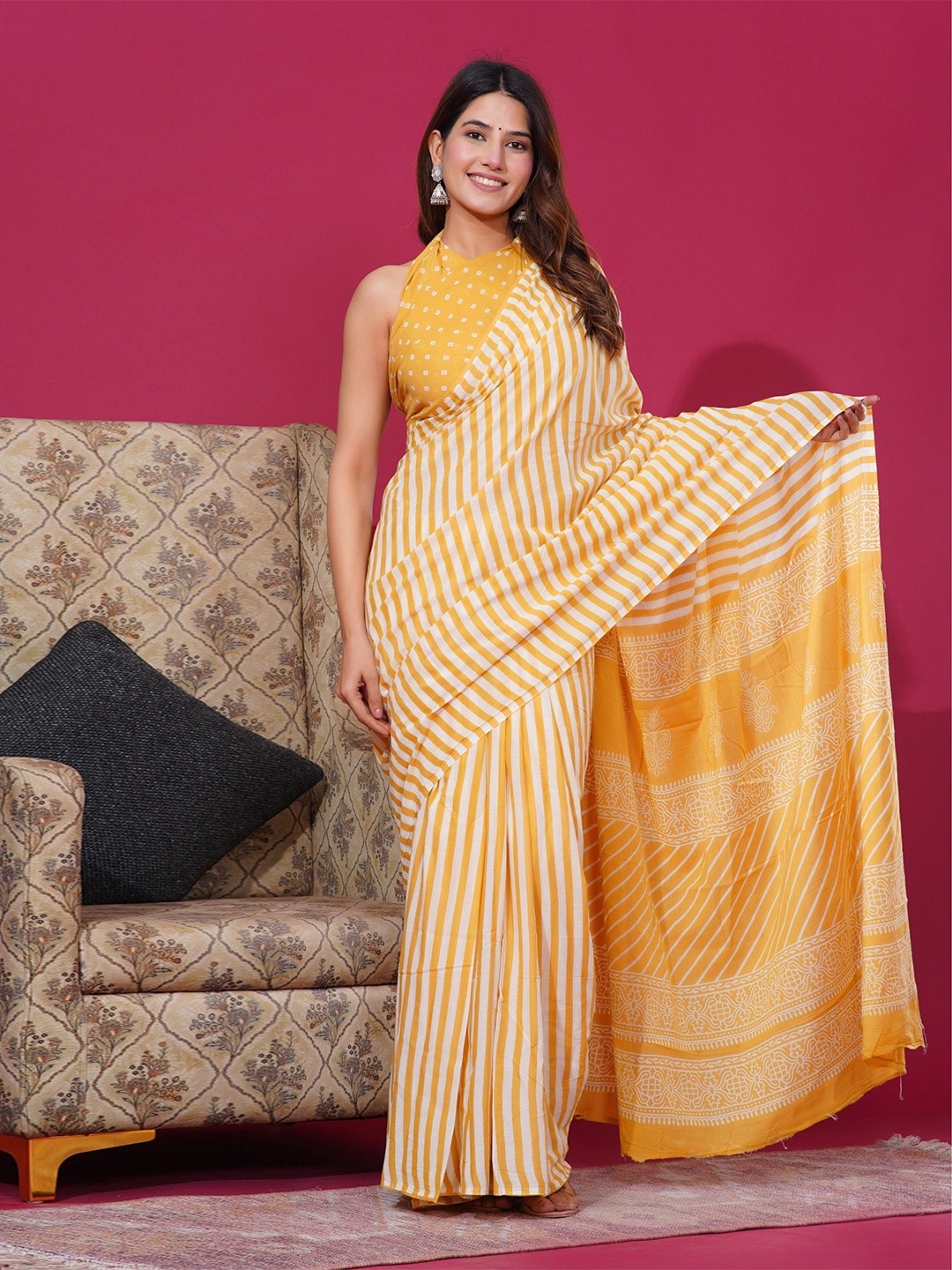 

Shivanya Handicrafts Striped Pure Cotton Saree, Yellow