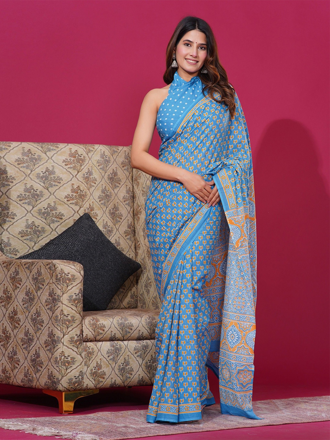 

Shivanya Handicrafts Floral Pure Cotton Block Print Saree, Blue