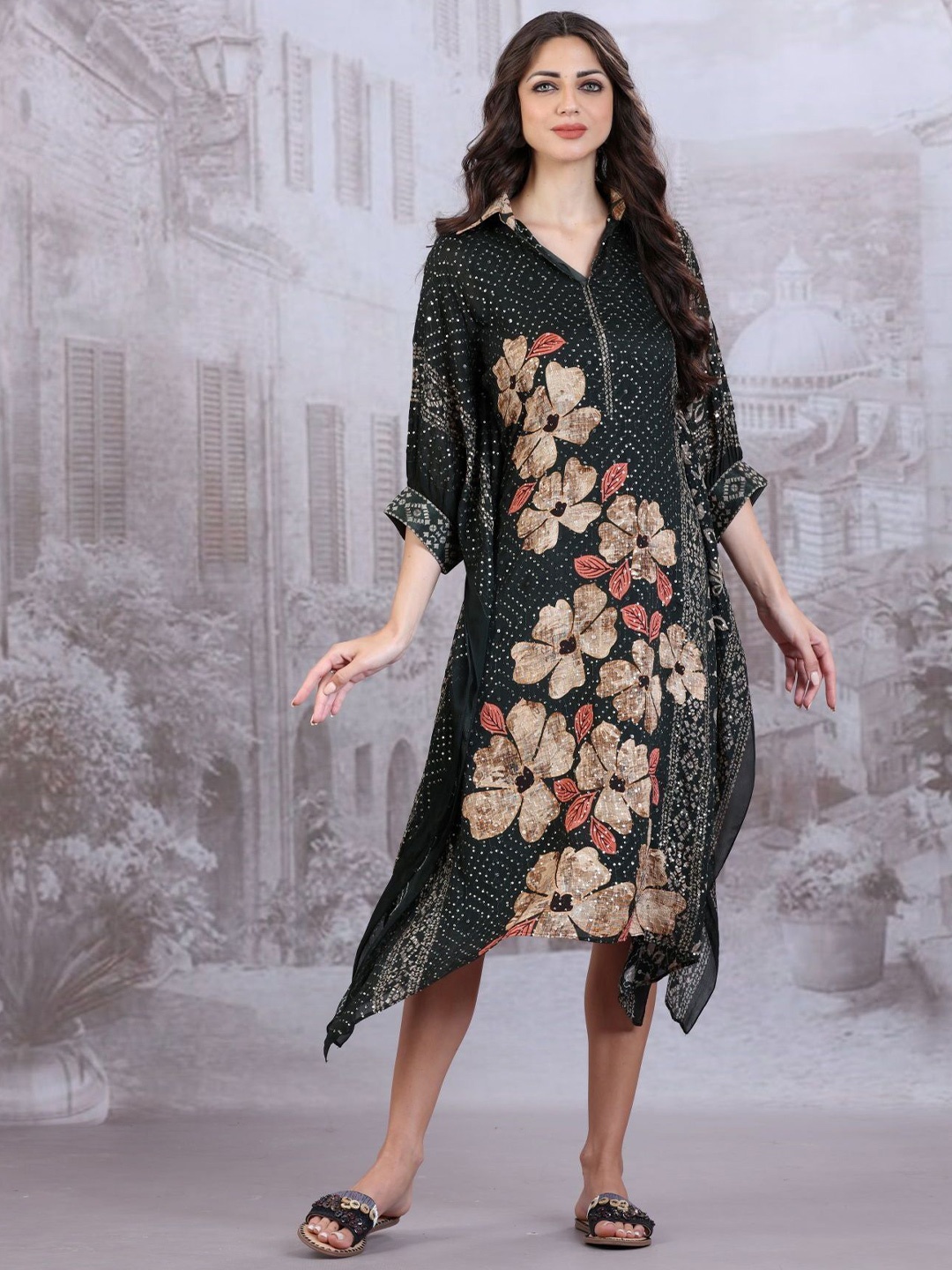 

FREYAA Floral Printed Sequin Work Kaftan Dress, Green