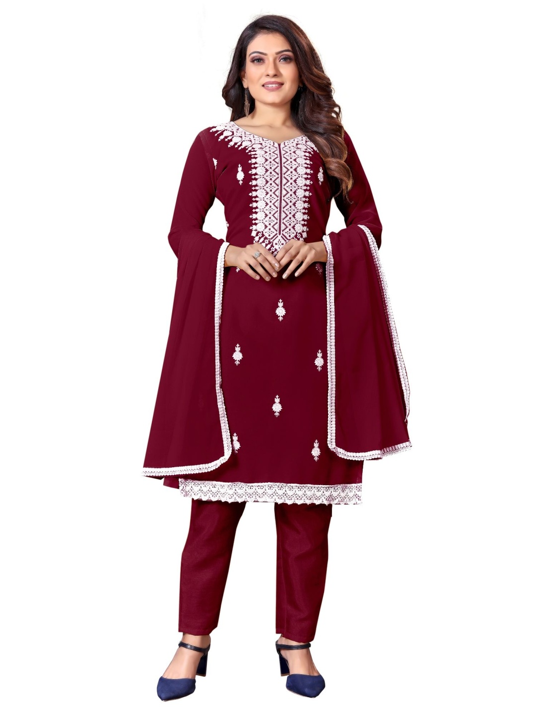 

A TO Z CART Floral Embroidered Unstitched Dress Material, Maroon