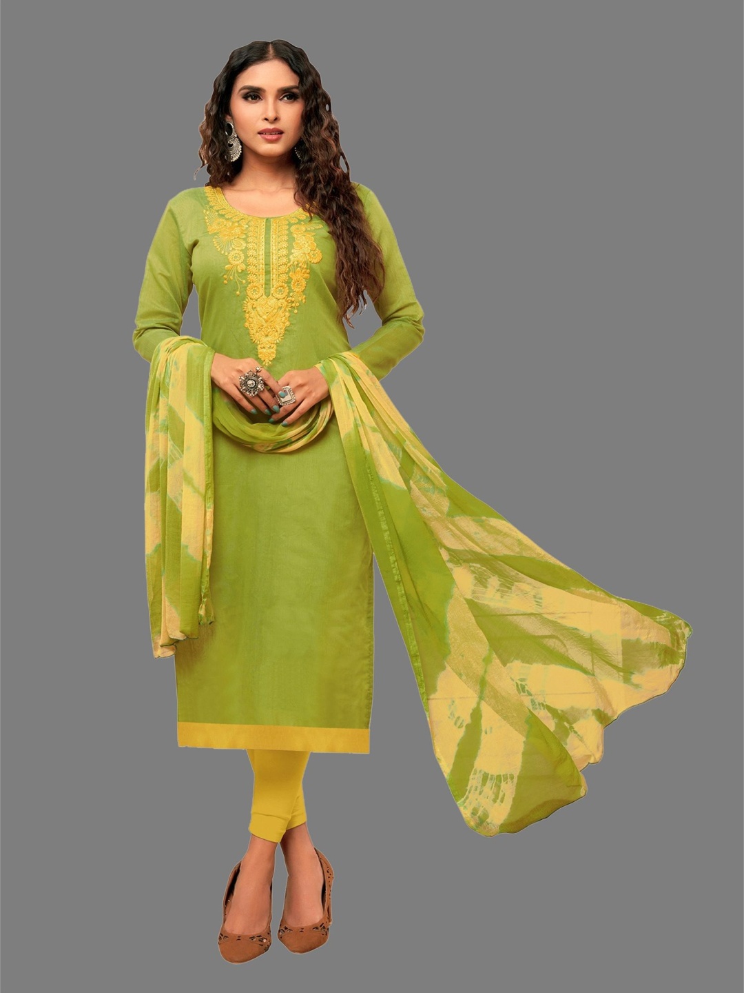 

A TO Z CART Floral Embroidered Unstitched Dress Material, Olive