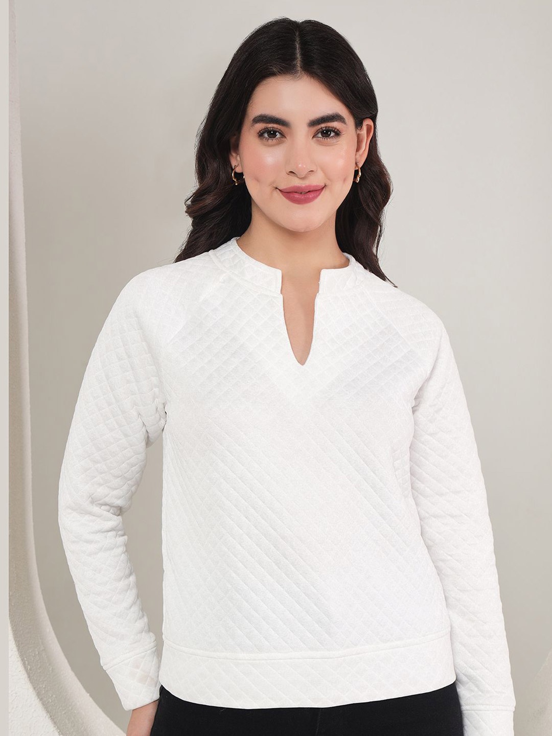

TANDUL Women Mandarin Collar Pullover Sweatshirt, White