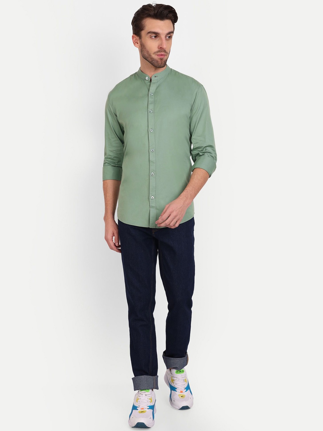 

Mast & Harbour Men India Slim Fit Band Collar Solid Cotton Casual Shirt, Green