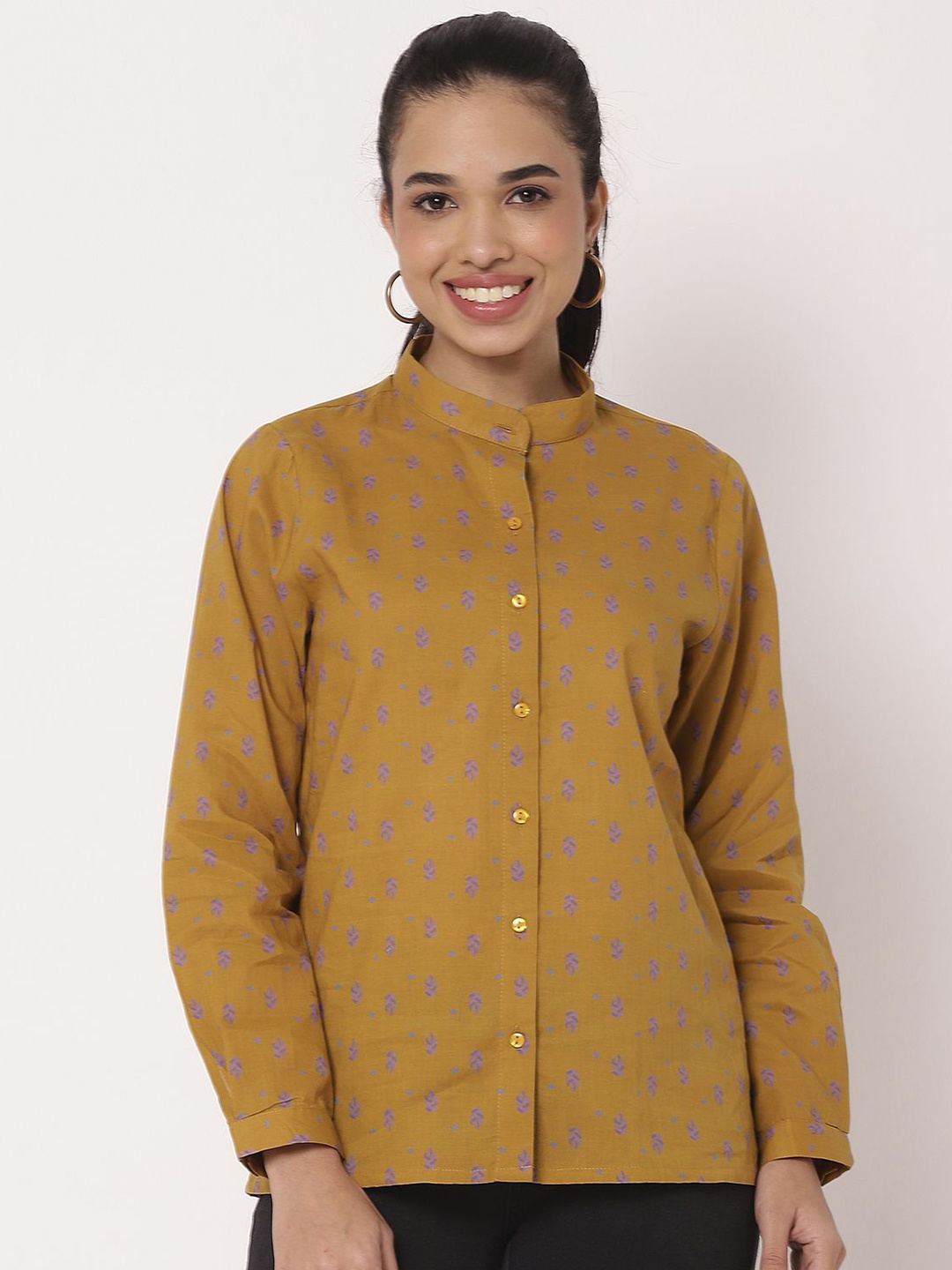 

Moomaya Women Band Collar Floral Printed Cotton Casual Shirt, Mustard