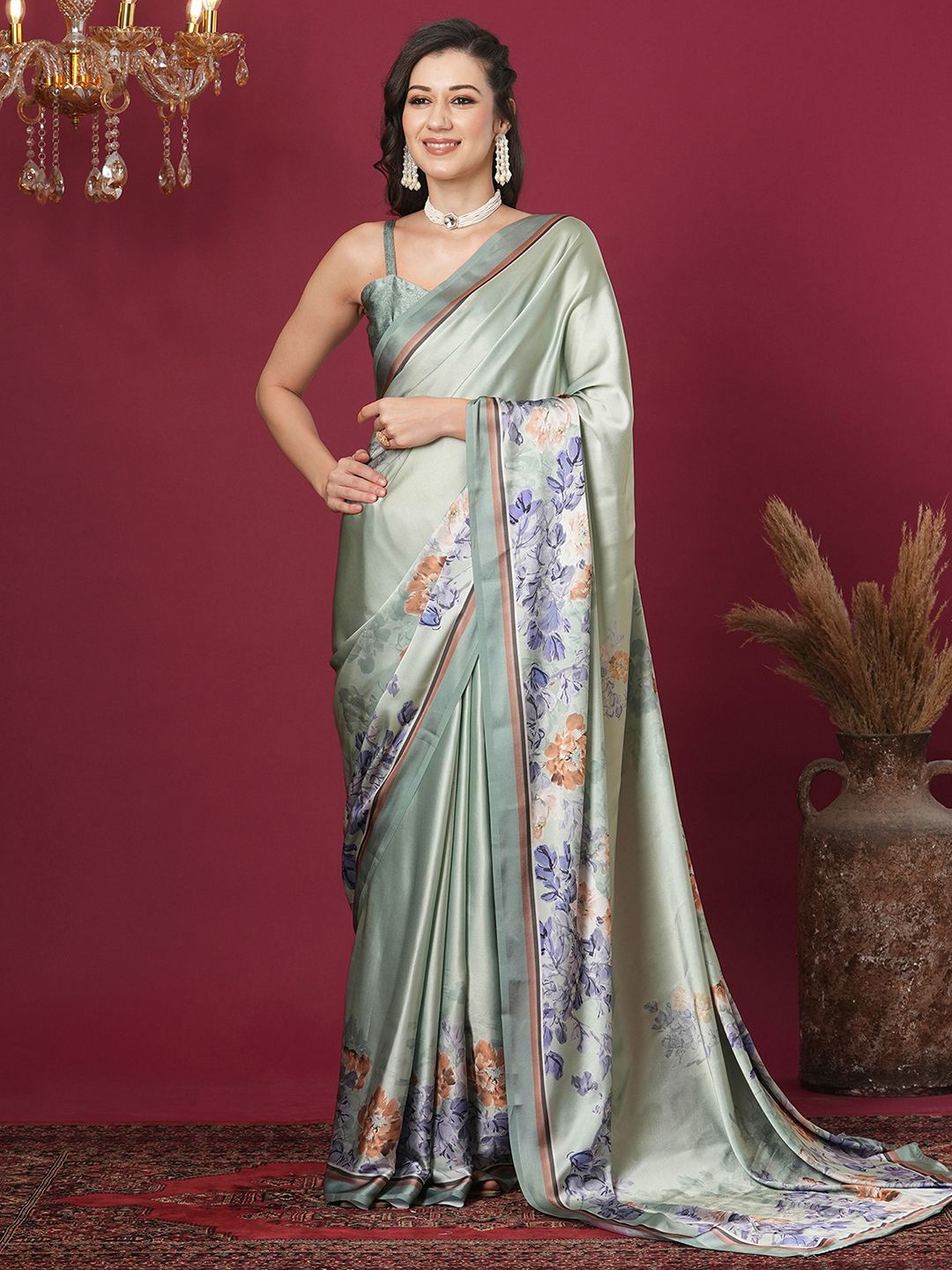 

Mitera Floral Satin Saree, Green