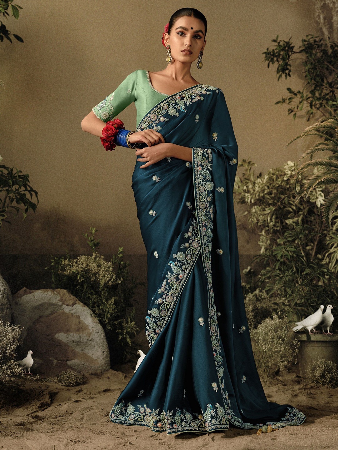 

MAHALASA Ethnic Motifs Embroidered Pure Silk Designer Saree, Teal