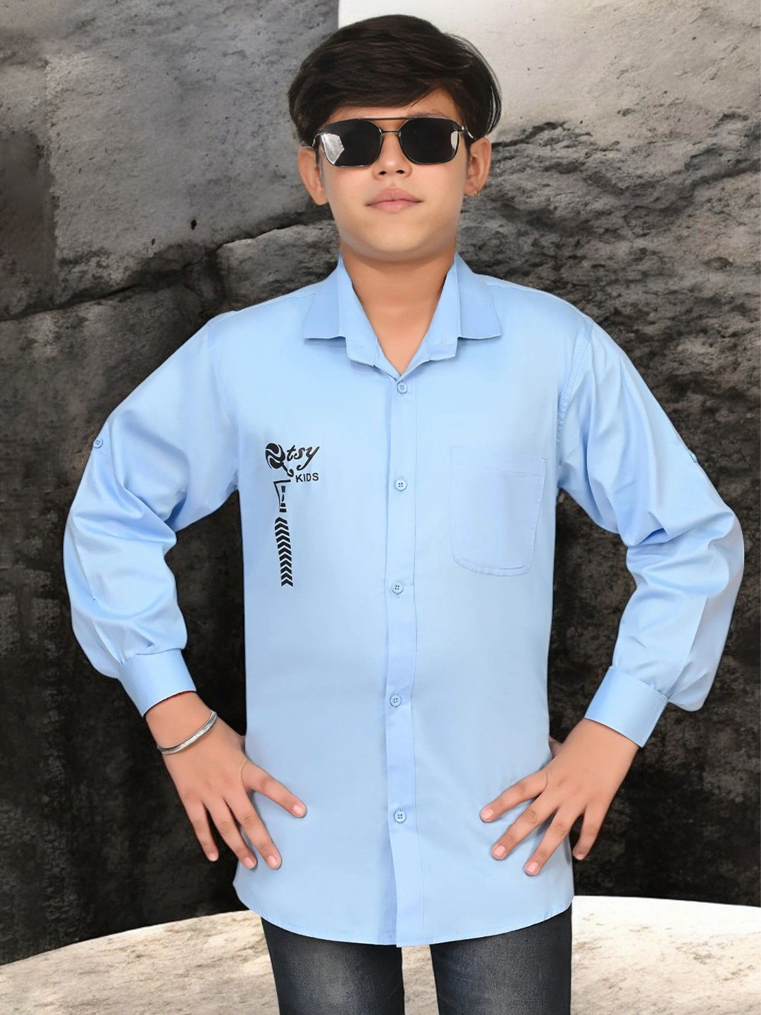 

Eliq Boys Original Spread Collar Graphic Printed Cotton Casual Shirt, Blue