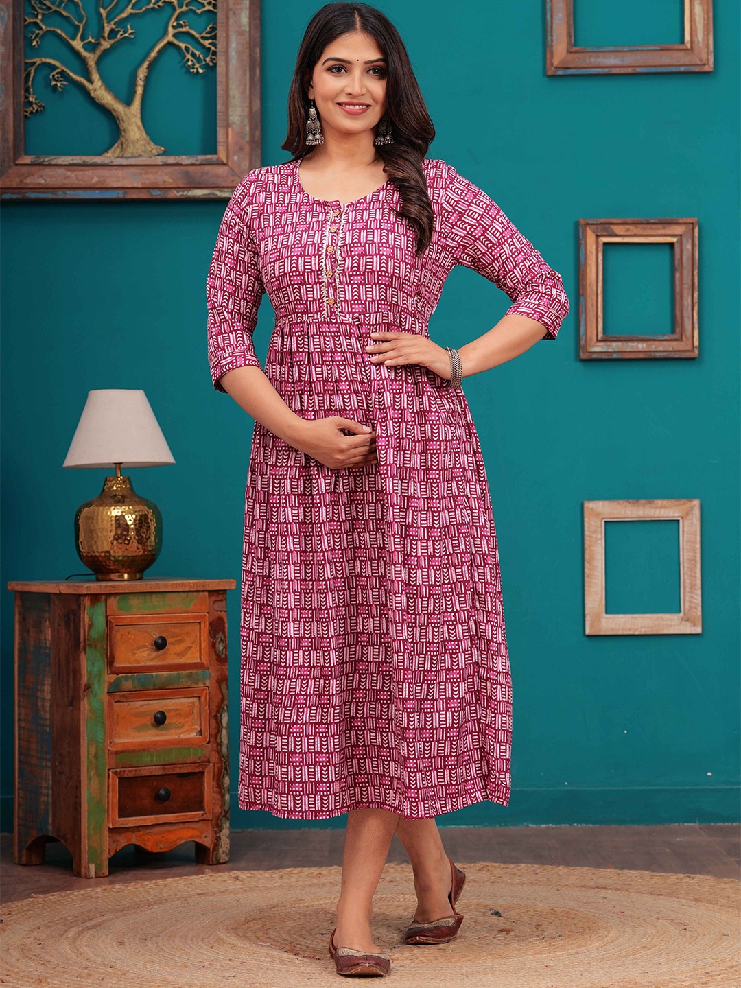 

Akshara Fashion Women Printed Maternity A-Line Dress, Maroon
