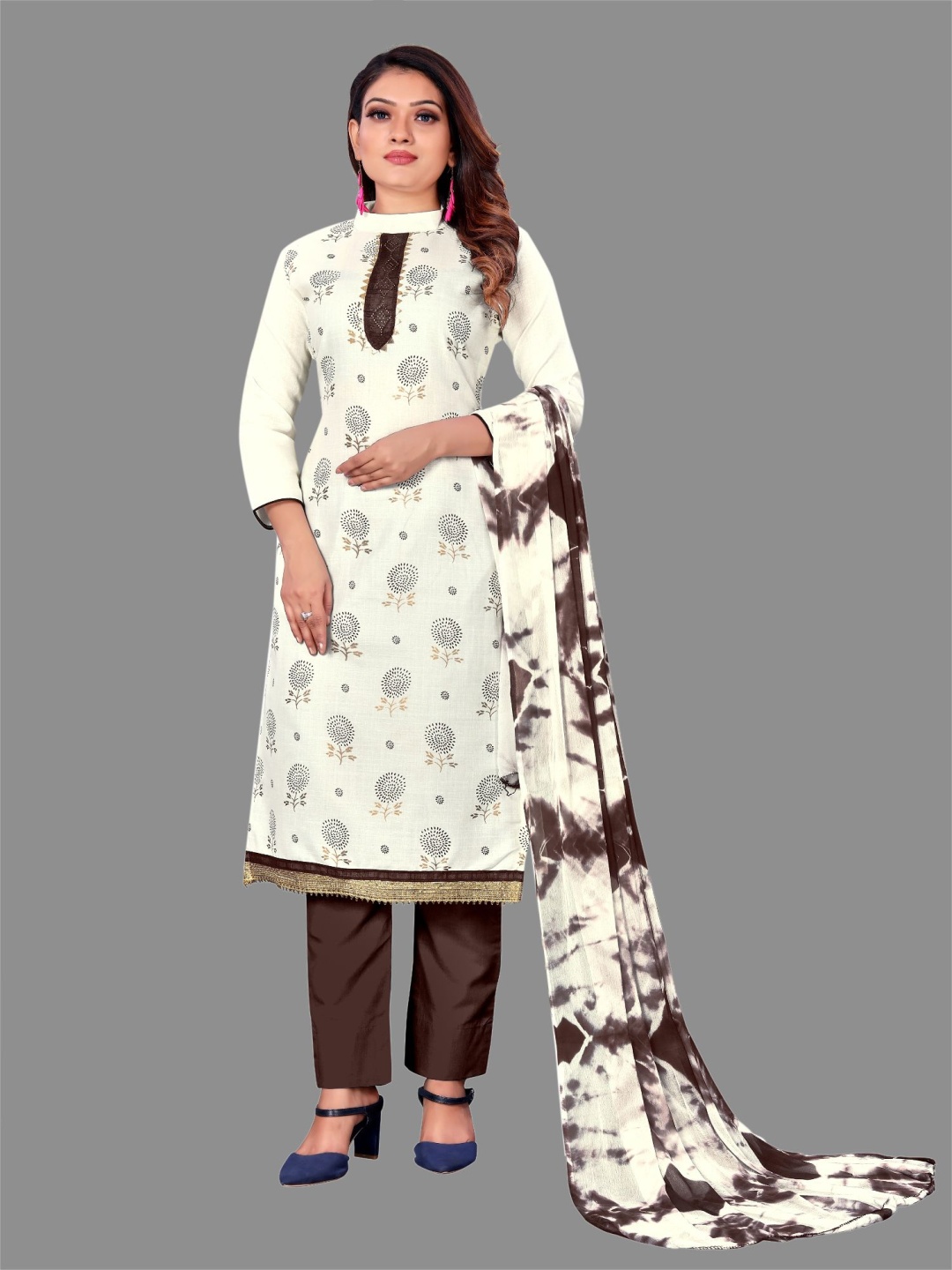 

A TO Z CART Floral Printed Stone Work Unstitched Dress Material, Cream