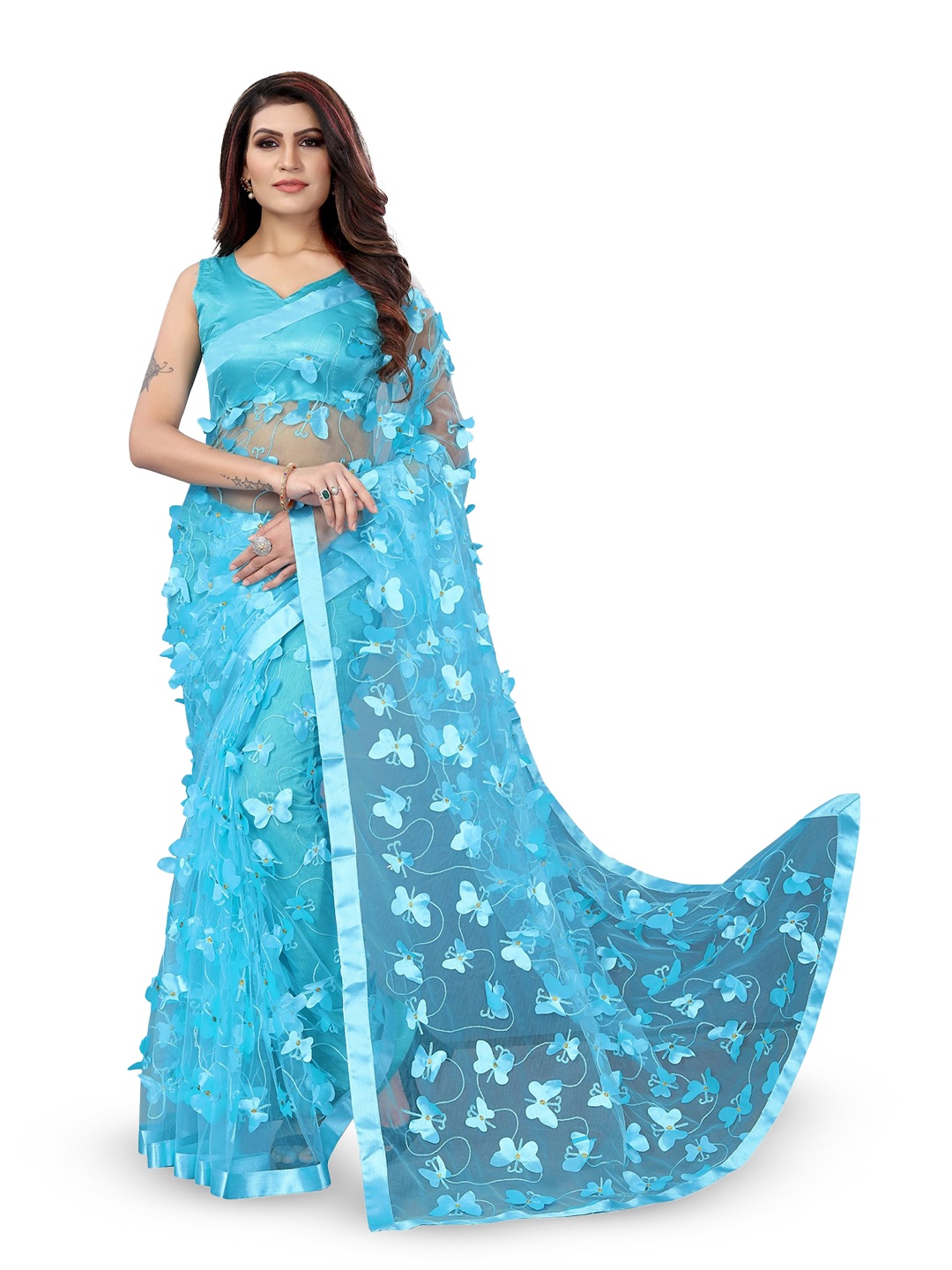 

A TO Z CART Embellished Net Saree, Turquoise blue