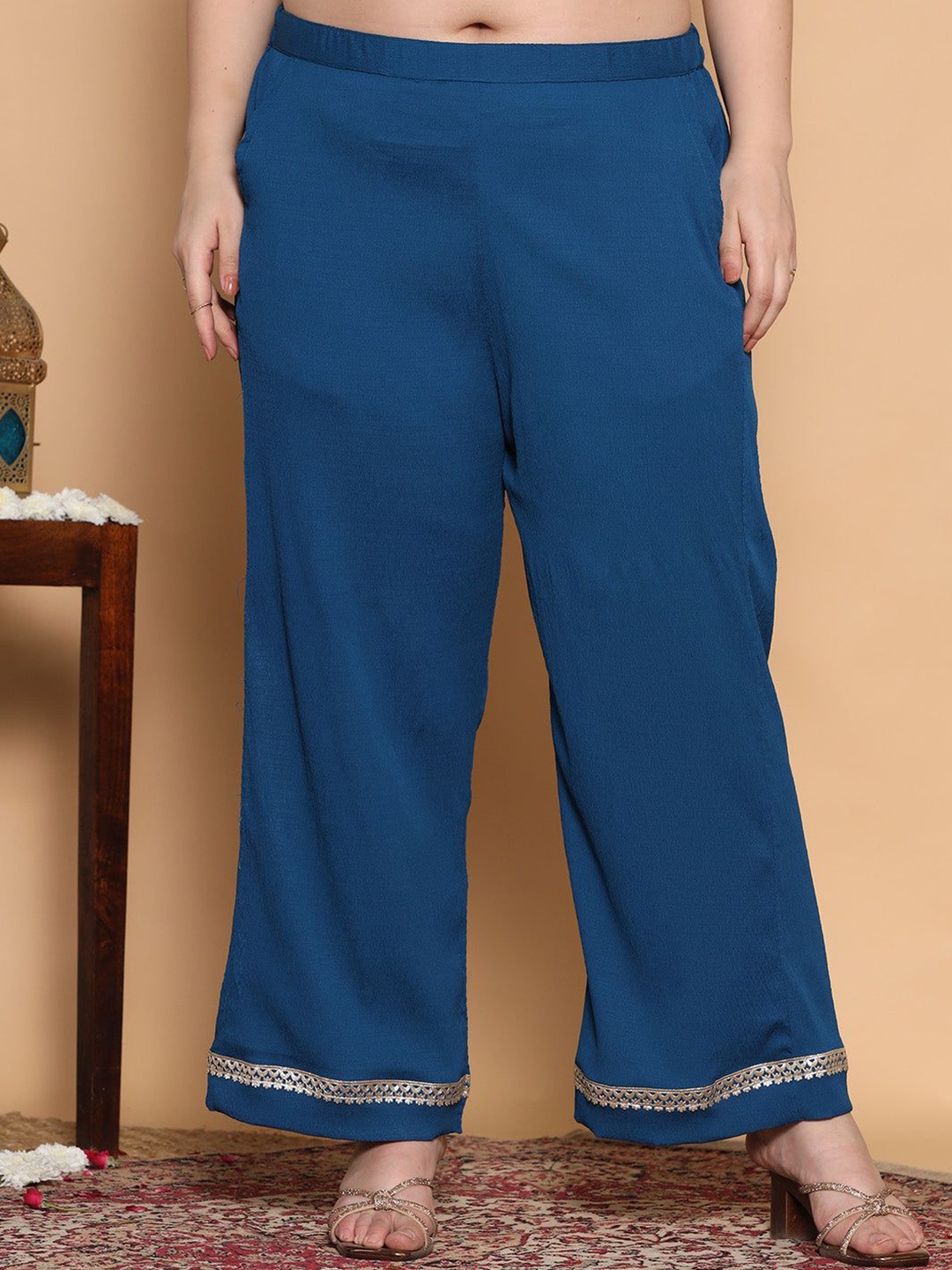 

LetsDressUp Women Blue Textured Palazzo Embellished