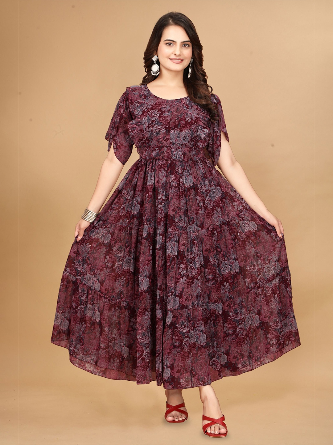 

Eightone Floral Printed Slit Sleeves Georgette Tiered Fit and Flare Maxi Dress, Maroon