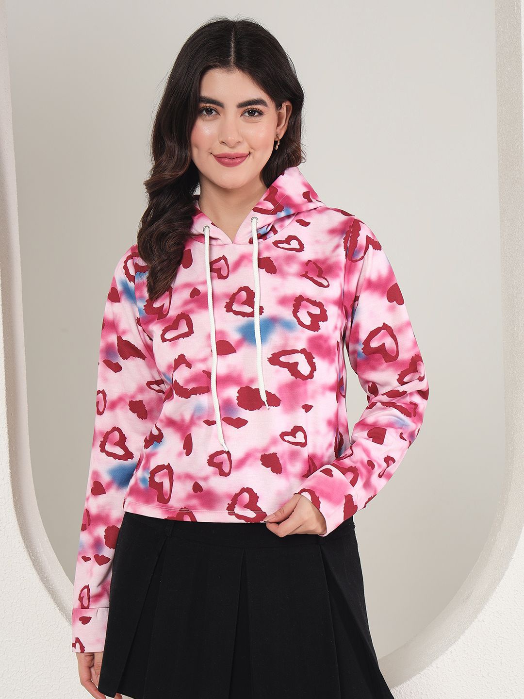 

BAESD Women Heart Printed Hooded Sweatshirt, Pink