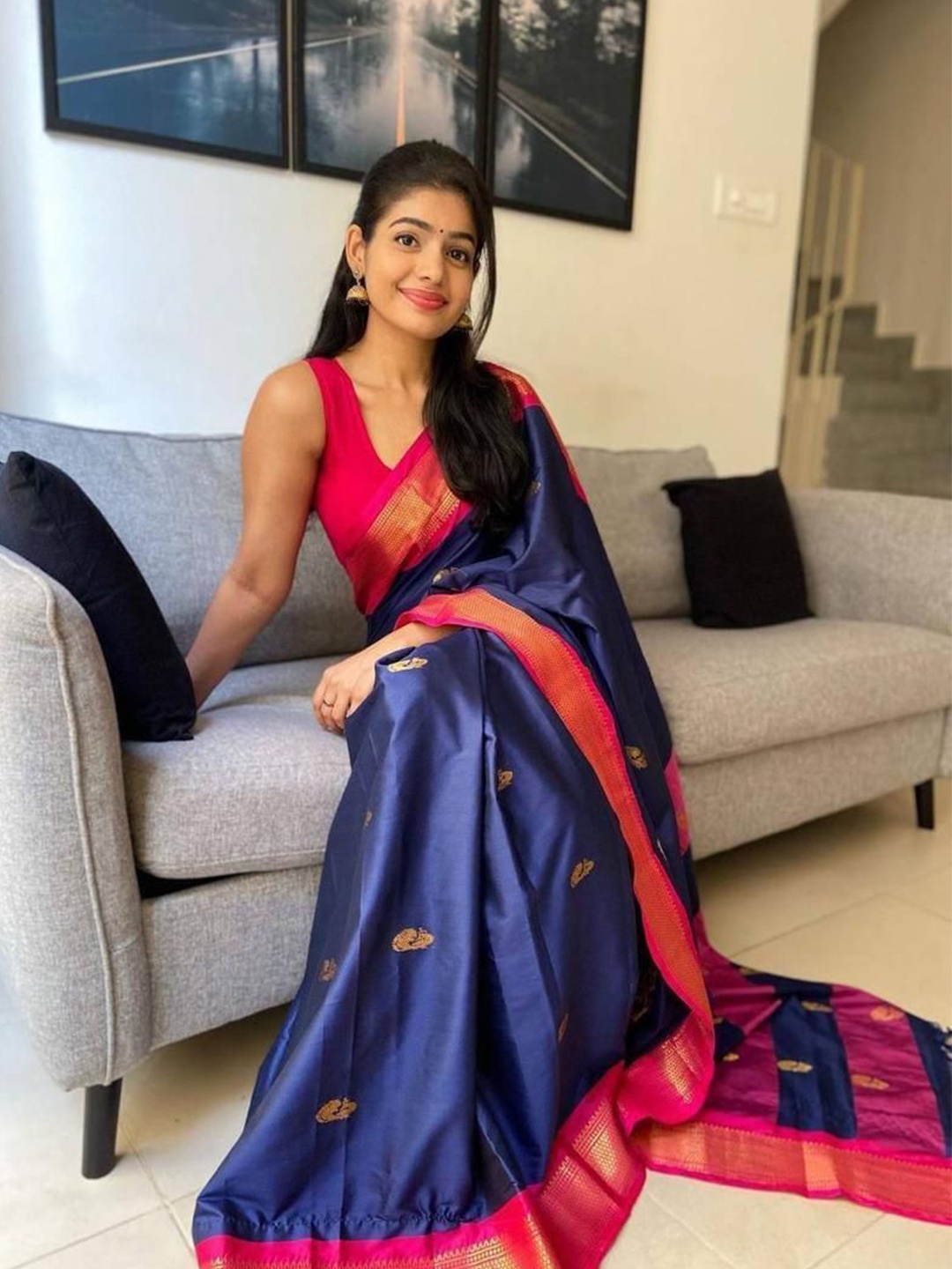 

Upalksh Woven Design Zari Pure Silk Kanjeevaram Saree, Blue