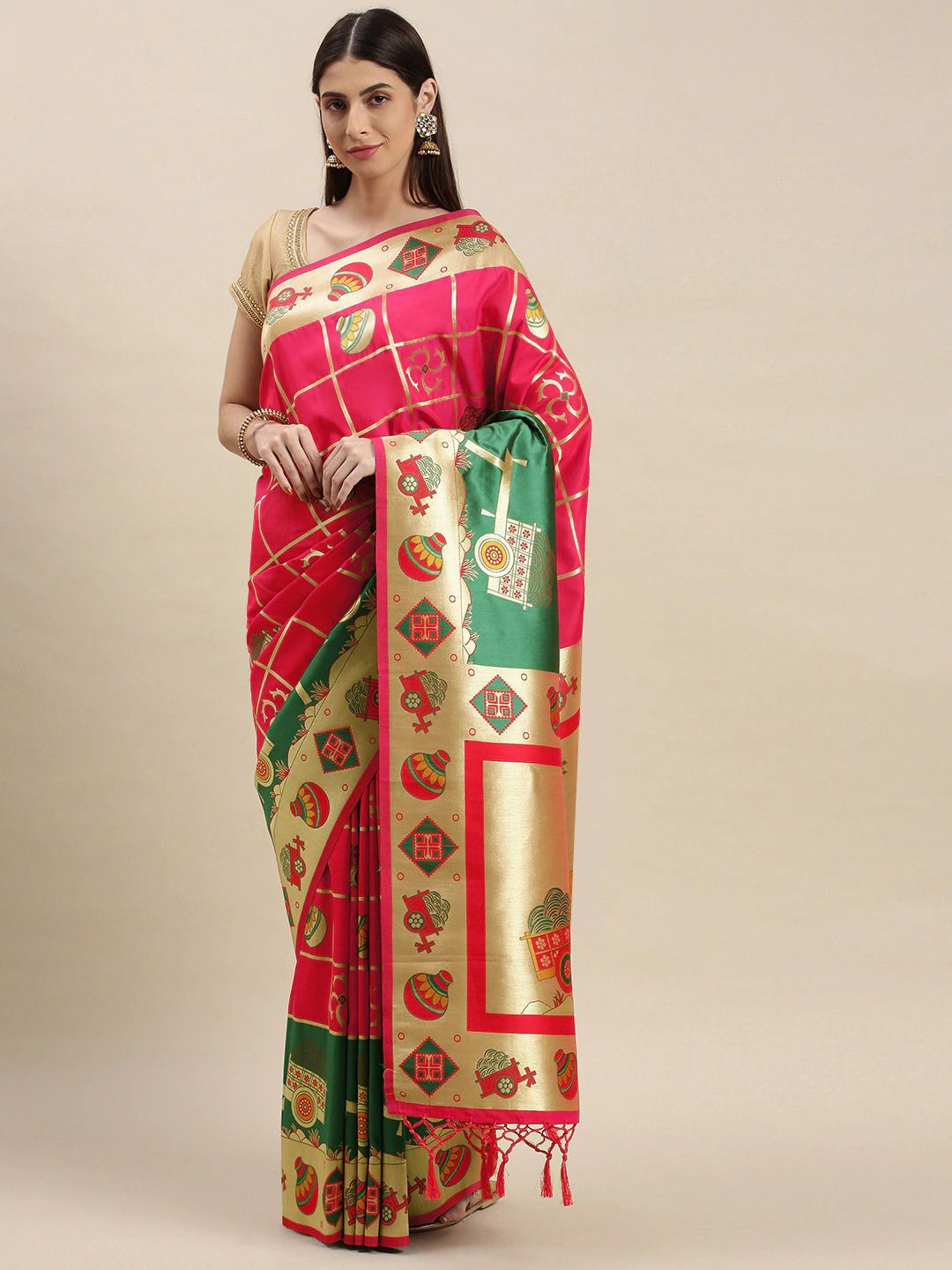 

flaher Ethnic Motifs Woven Design Zari Banarasi Saree, Pink