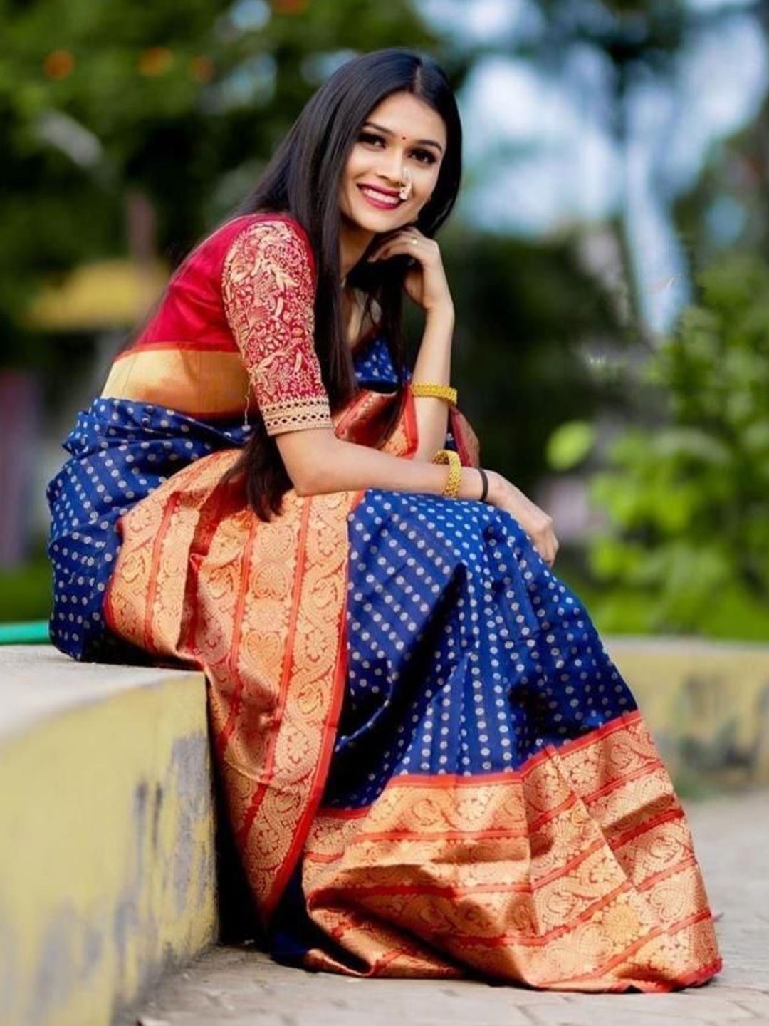 

Upalksh Polka dots Woven Design Zari Kanjeevaram Saree, Blue