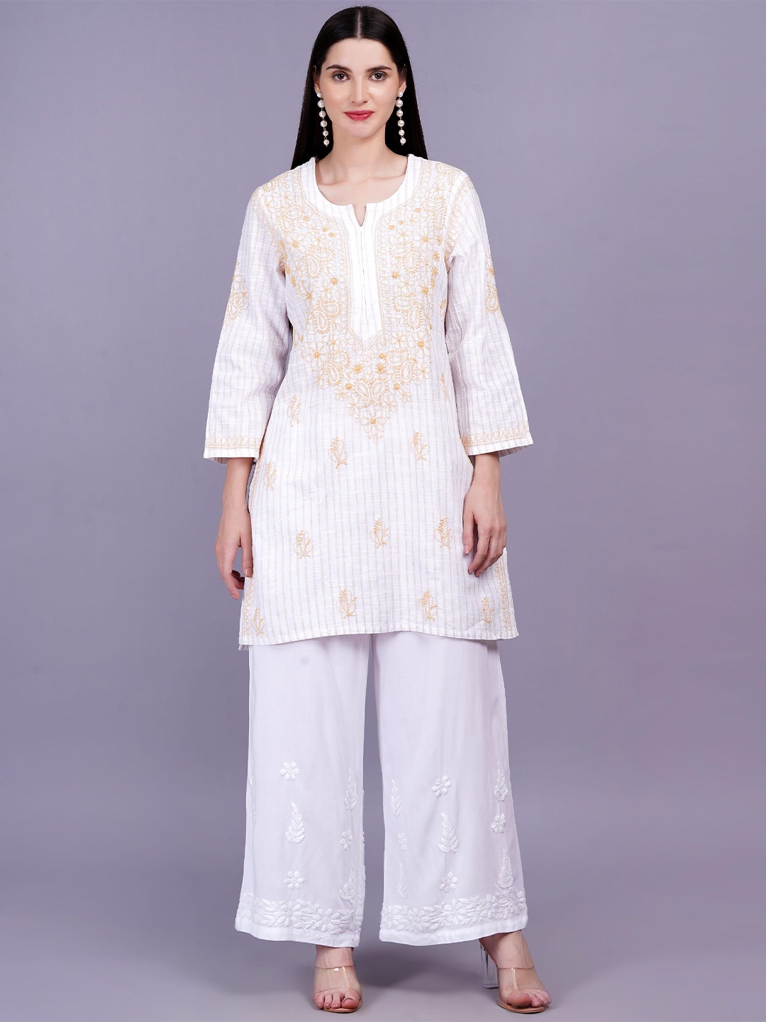 

SUFIZA LIFESTYLE Women Embroidered Thread Work Pure Cotton Thread Work Kurti, Cream